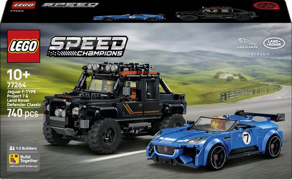 77264 LEGO® SPEED CHAMPIONS Jaguar Project 7 & Land Rover Defender; sada 2 hraček a 2 minifigurek; dárek pro děti a automobilové fanoušky od 10 let