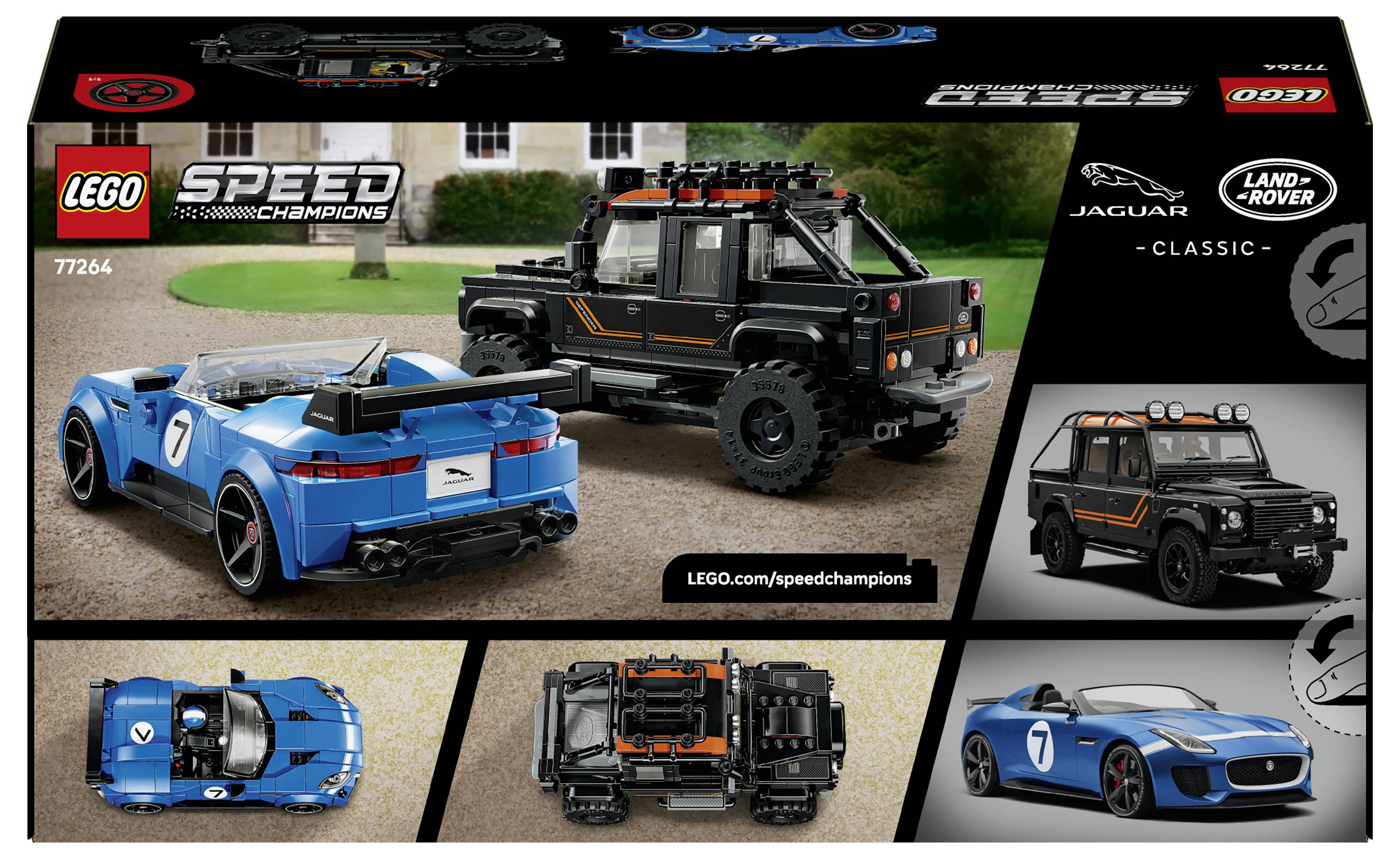 LEGO Speed Champions Jaguar Land Rover Classic sada 77264, zobrazující modré sportovní auto a černý terénní SUV s více úhlovými pohledy a značkou LEGO.