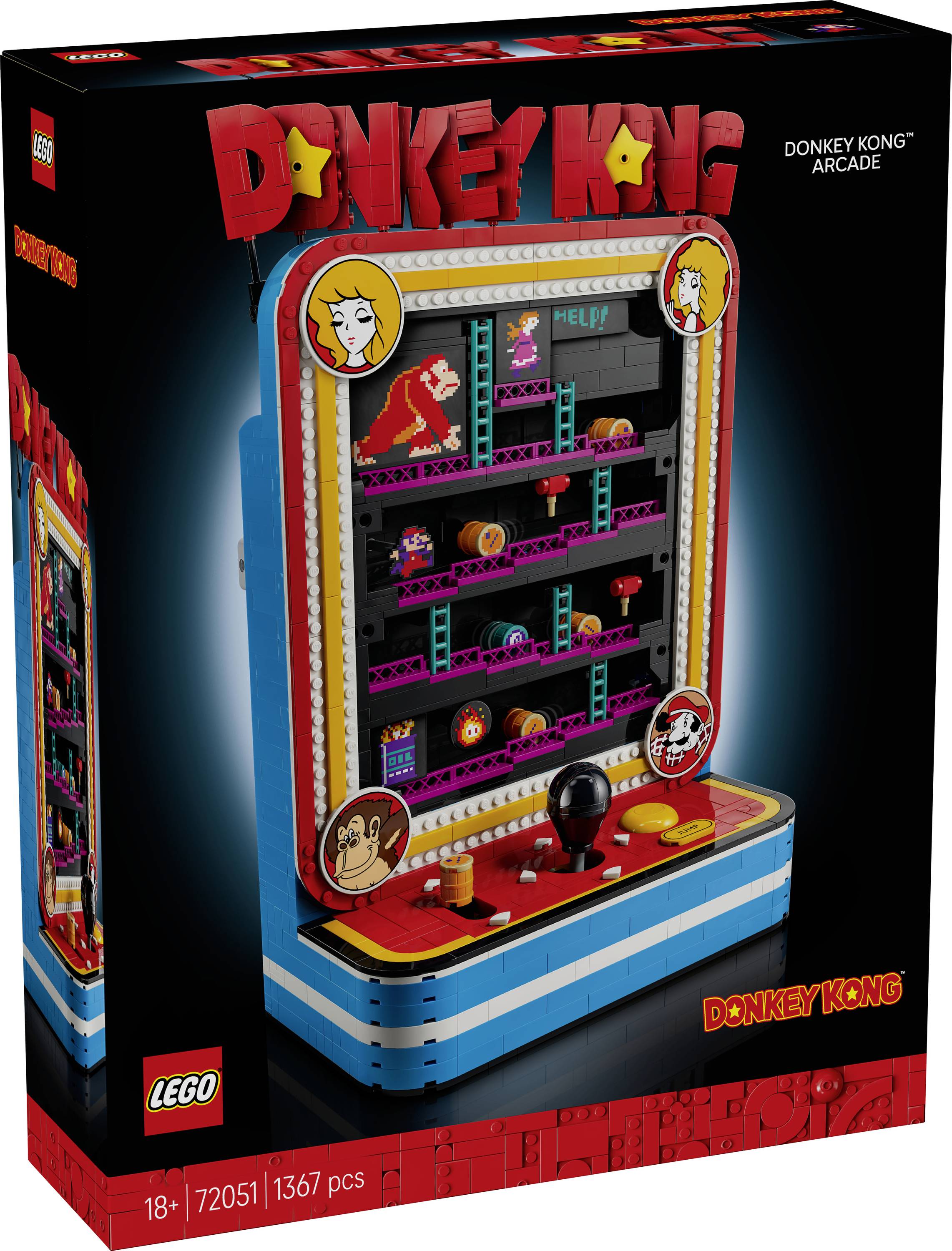 Krabicová grafika pro sadu LEGO Icons Donkey Kong Arcade, zobrazující postavený arkádový automat z kostek s scénou Donkey Kong a figurkami; 18+, sada 72051, 1367 kusů.