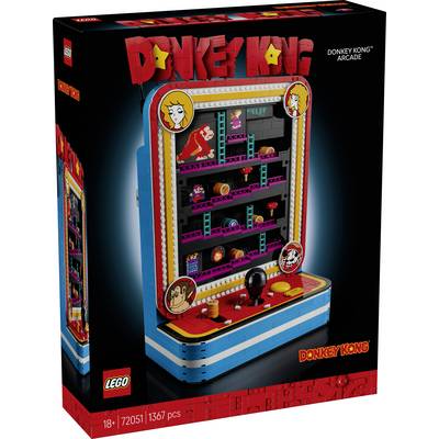 Krabicová grafika pro sadu LEGO Icons Donkey Kong Arcade, zobrazující postavený arkádový automat z kostek s scénou Donkey Kong a figurkami; 18+, sada 72051, 1367 kusů.