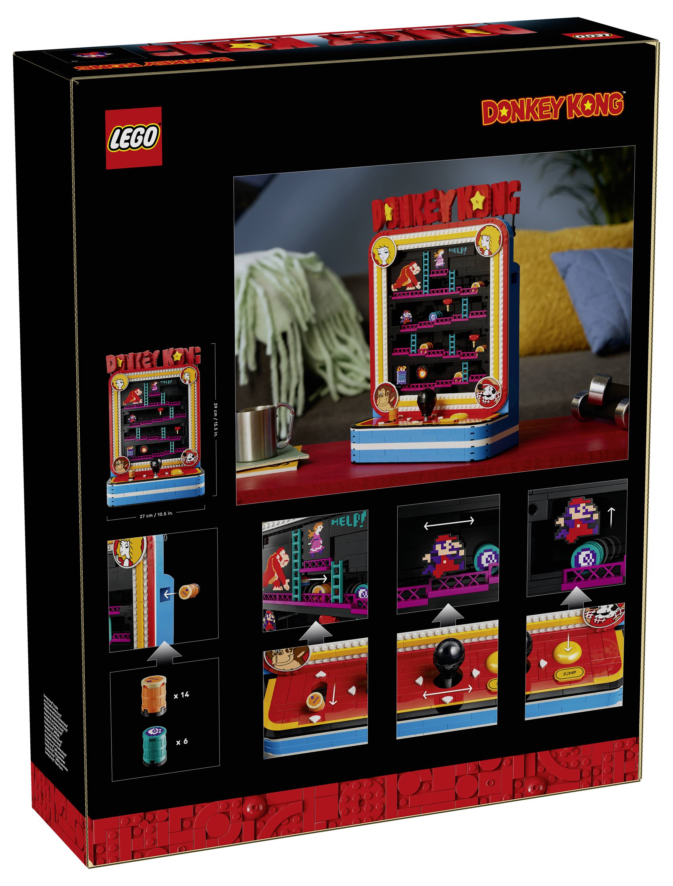 LEGO Donkey Kong arkádní set - krabice ukazující stavebnici retro herní automatu a malé figurky, s vloženými obrázky funkcí a obsažených součástí.
