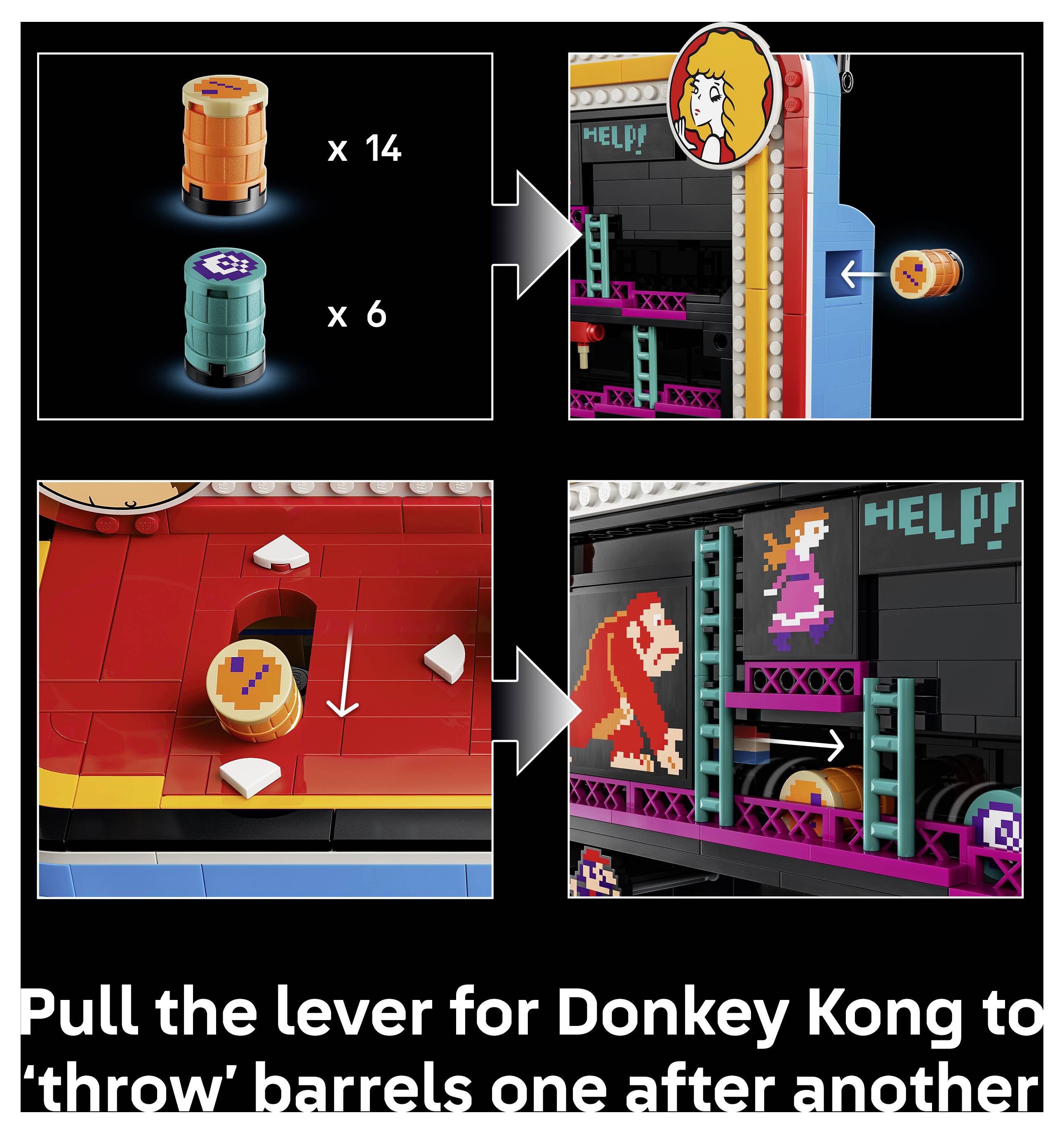 Sada LEGO Donkey Kong – návod s požadovanými součástkami a akcí páky, která způsobí, že Donkey Kong "hází" barely, s detailním pohledem na umístění barely.