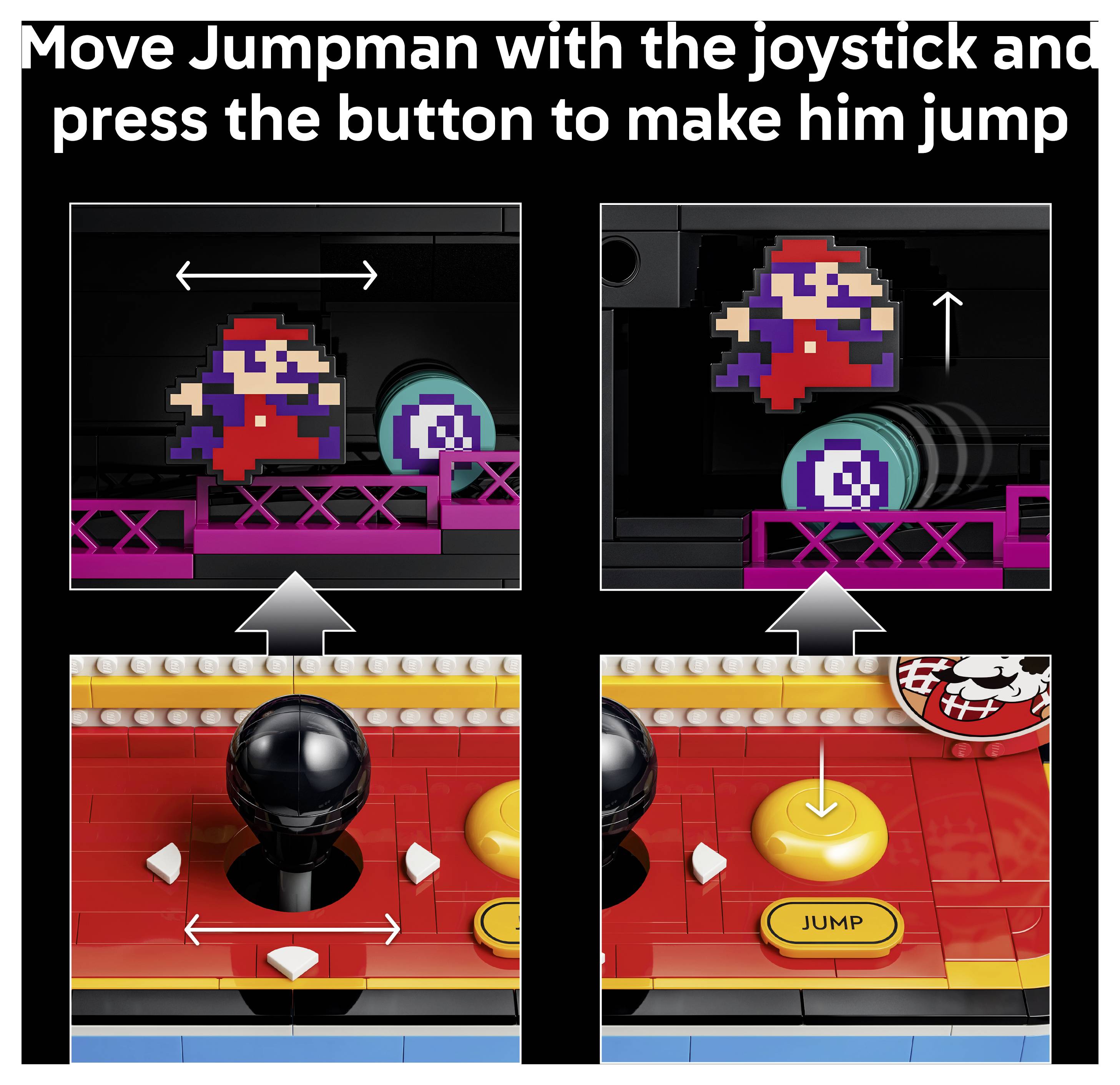 Instrukce ukazují ovládání Jumpmanovy postavy pomocí joysticku a stisknutí tlačítka "JUMP" pro skákání ve scéně LEGO hry.
