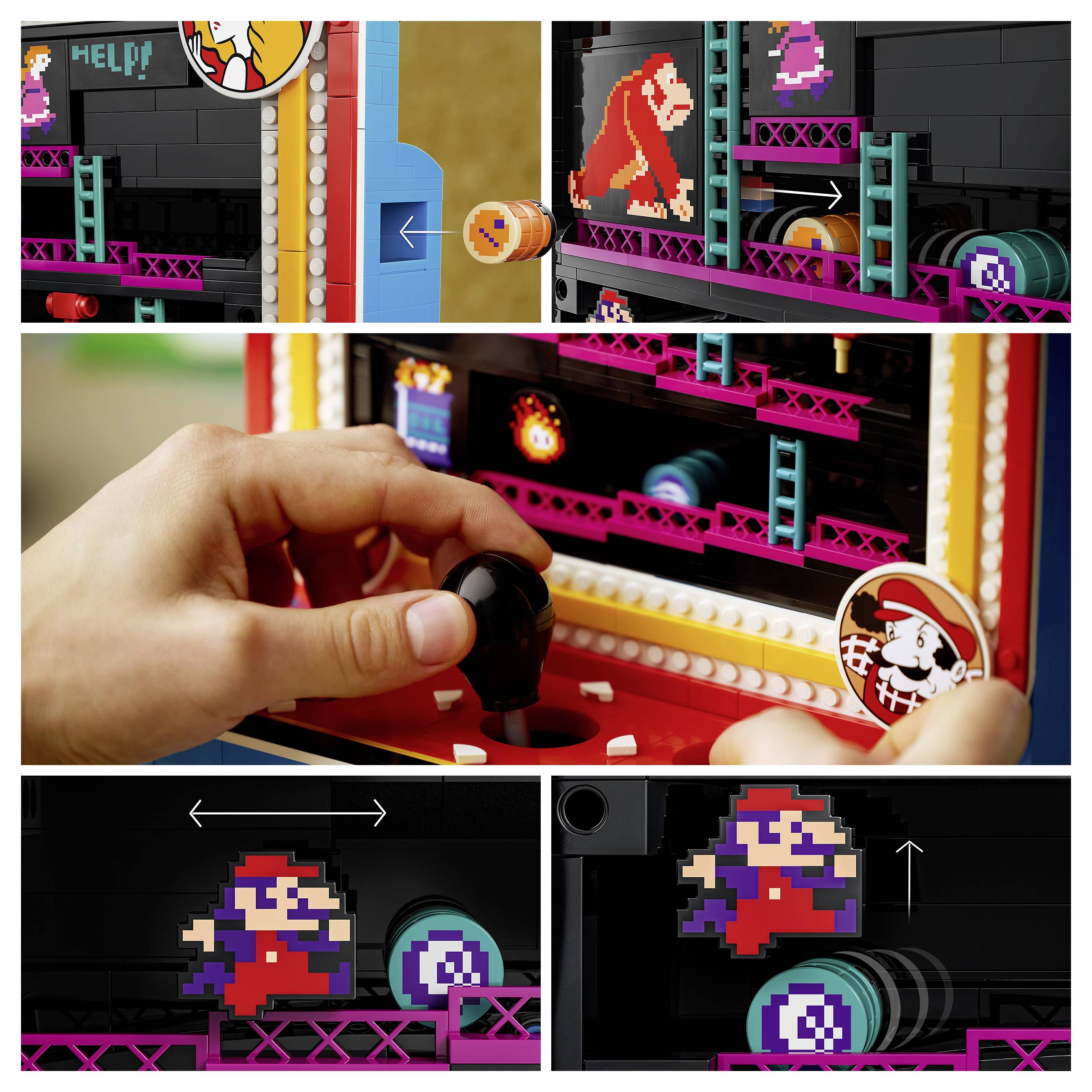 Ruce ovládají joystick na LEGO arkádovém automatu, zatímco pixelartové herní obrazovky zobrazují červenou postavu, míč a ikony power-up.