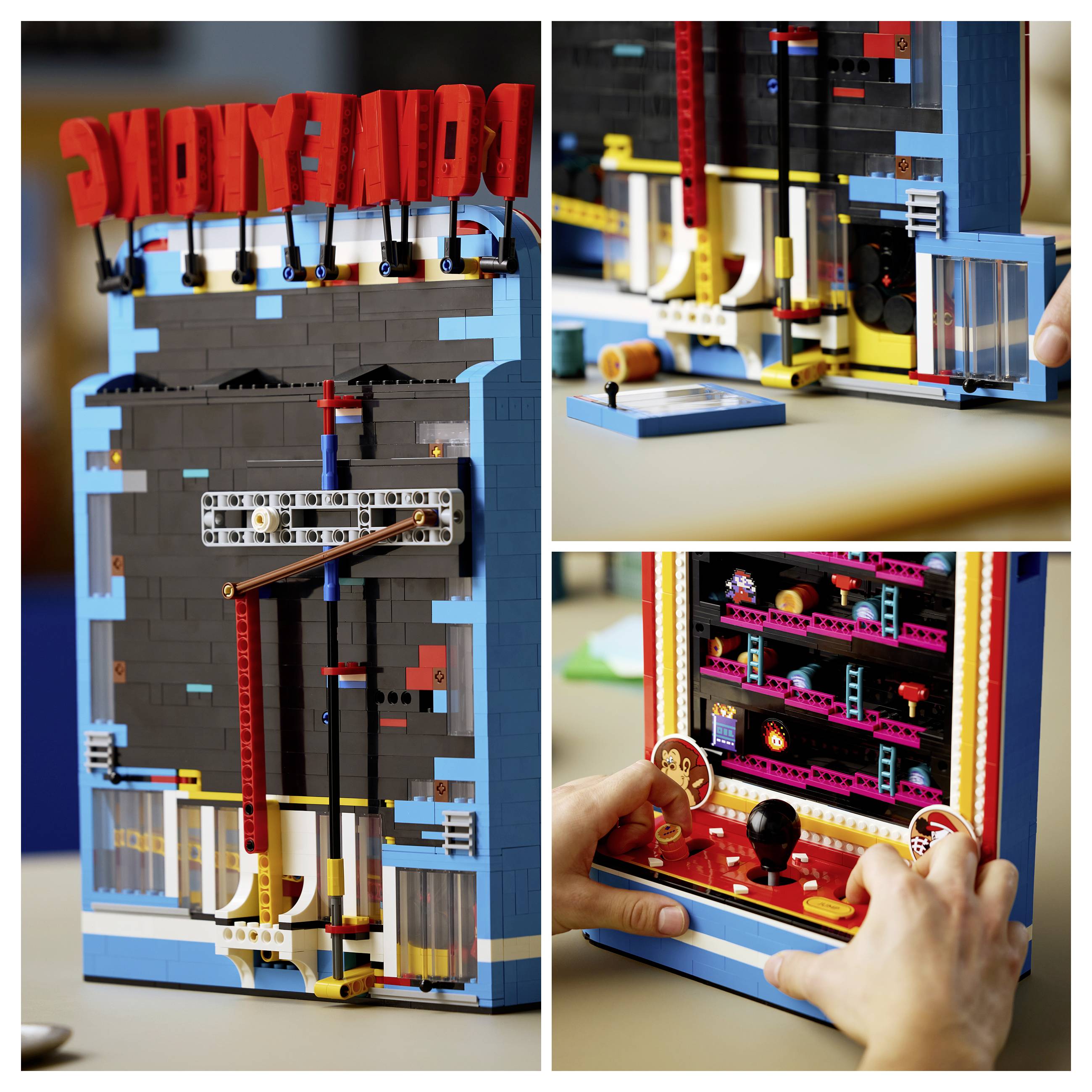 LEGO arkádní stavebnice s vysokou cedulí "PALACE", podrobný boční pohled a dítě hrající si s osvětlenou hrou podobnou pinballu.