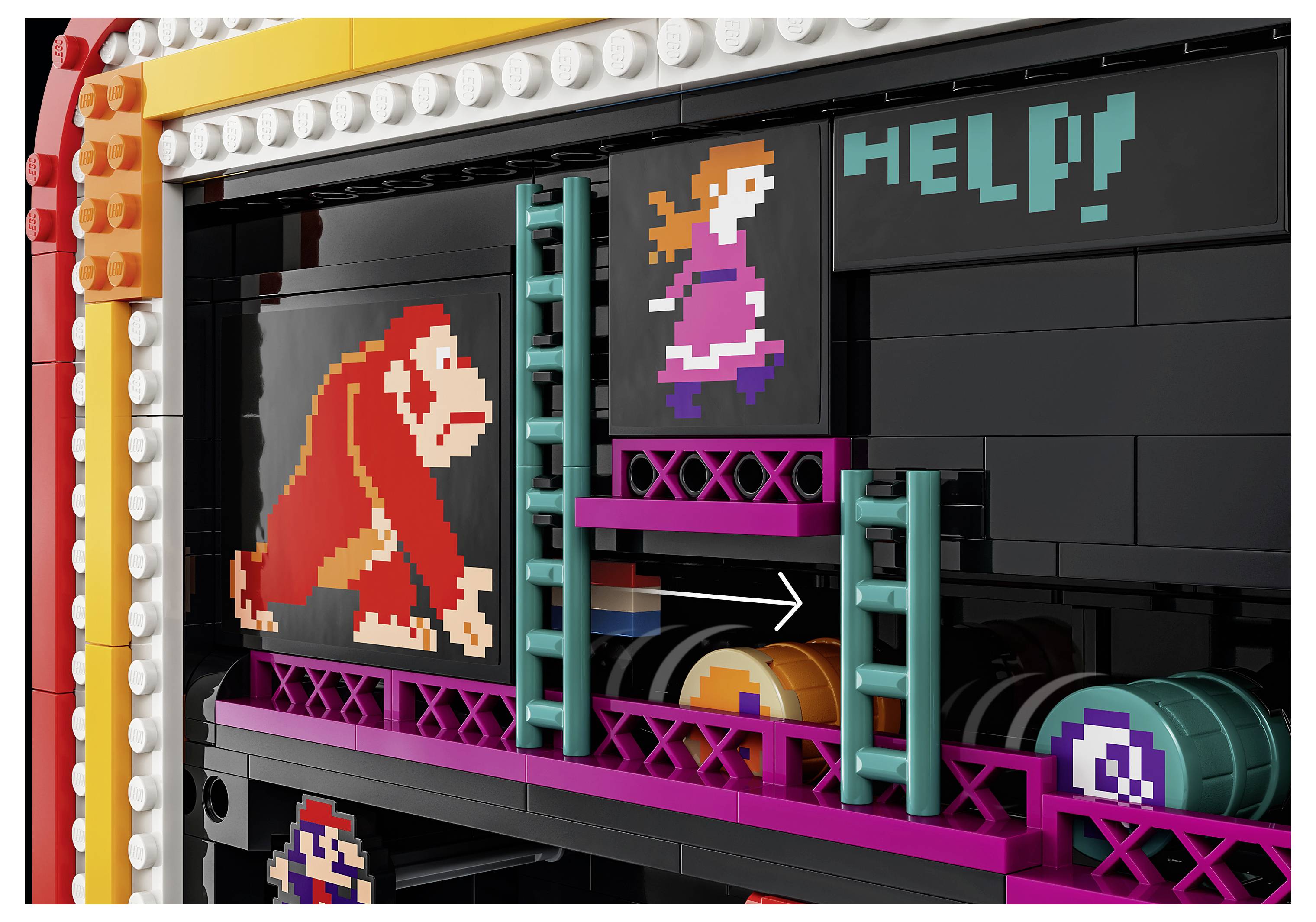 LEGO-stylový display pixelartového Donkey Konga, Pauline a "POMOC!" na tmavé arkádní scéně s plošinami a sudy
