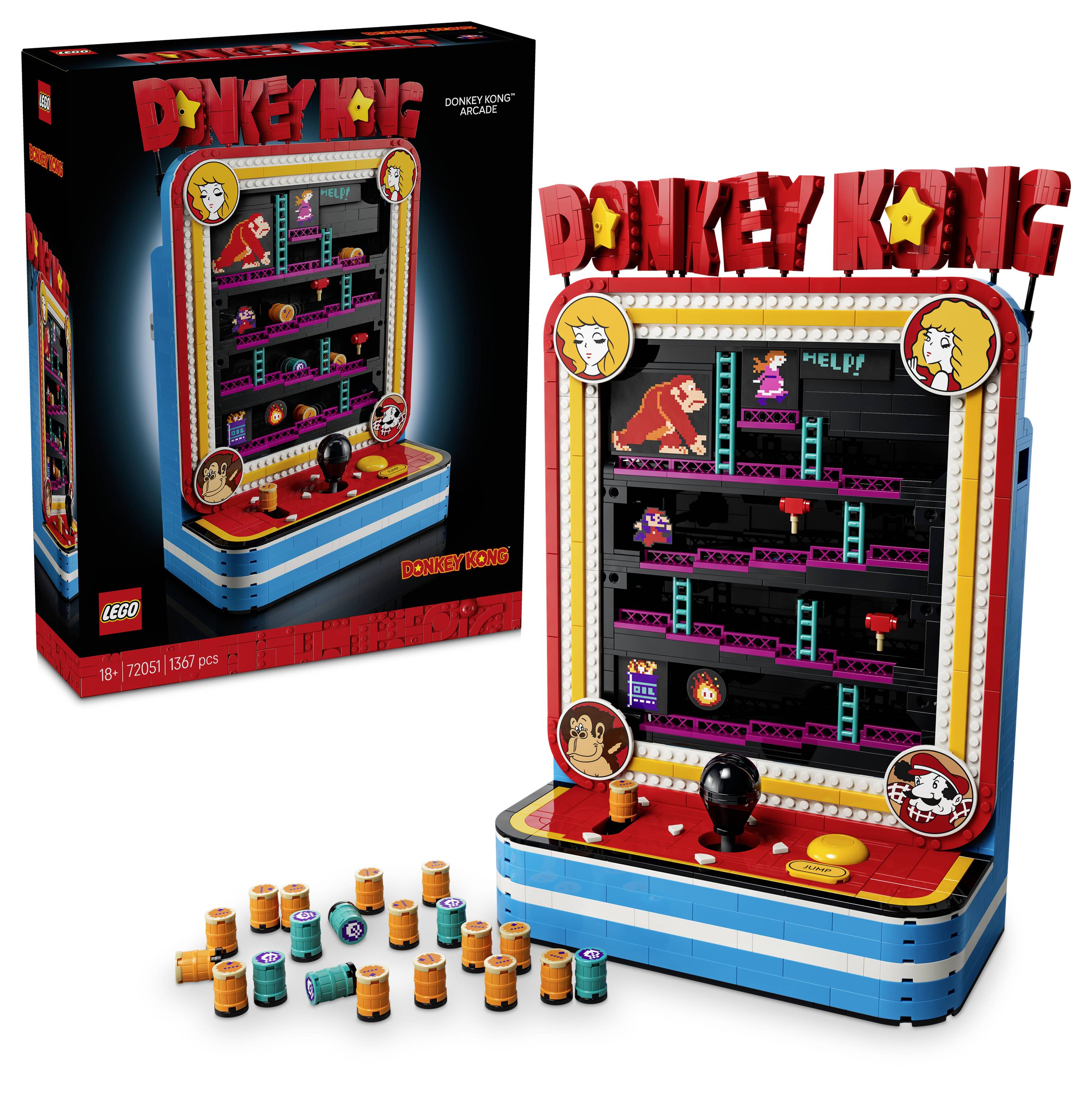 LEGO Donkey Kong Arcade přehrávač s retro herní obrazovkou, červeným panelem s názvem, pákou, tlačítky a malými kusy barelů vedle krabice.