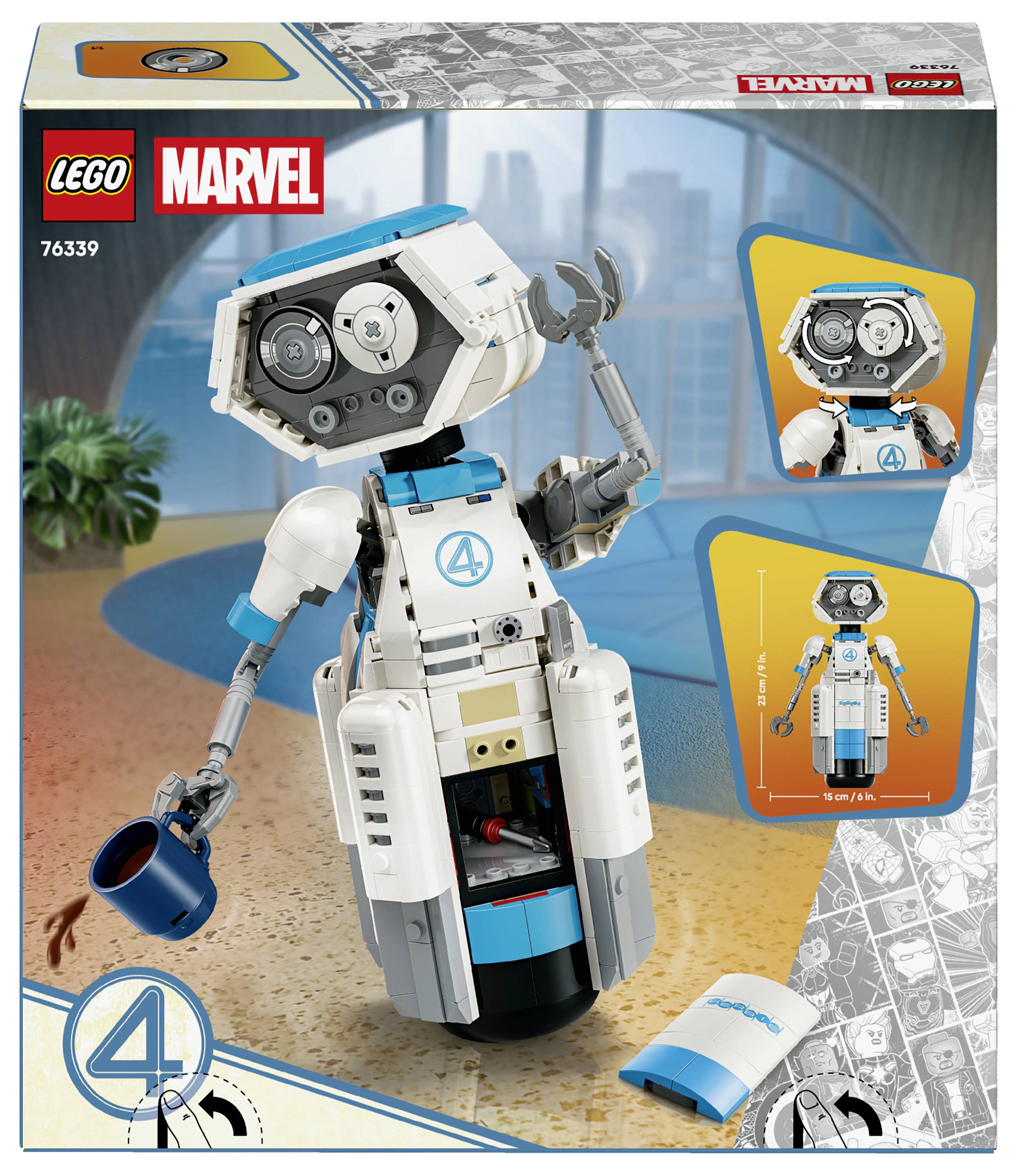 Obal LEGO Marvel zobrazující sadu 76339, miniaturku robota v bílé a modré barvě s chapadlovou rukou a hrnkem, plus malé vložené obrázky staveb a diagram velikosti.