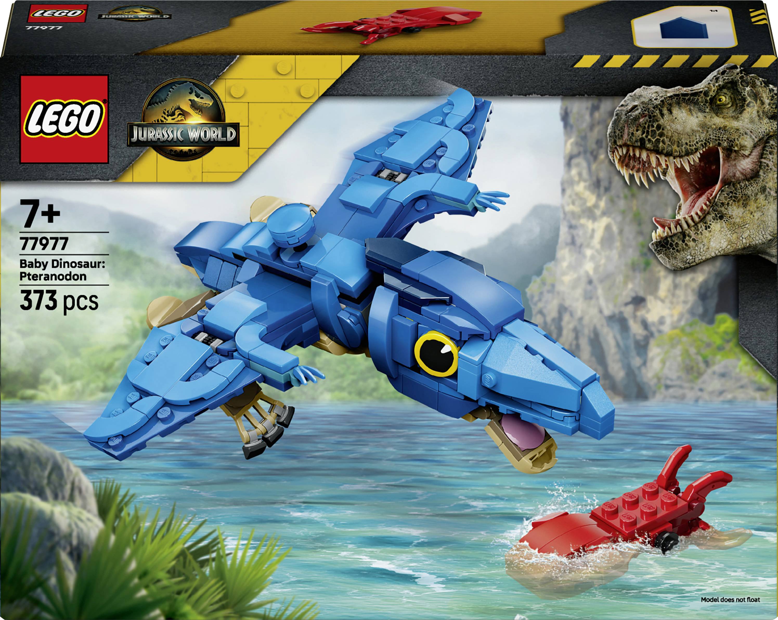 Krabička LEGO Jurassic World pro sadu 77977, "Baby Dinosaur: Pteranodon", věk 7+, 373 dílků, zobrazující modrého Pteranodona letícího nad vodou s červeným dinosaurem a T. rexem v pozadí.
