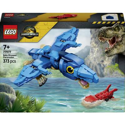 Krabička LEGO Jurassic World pro sadu 77977, "Baby Dinosaur: Pteranodon", věk 7+, 373 dílků, zobrazující modrého Pteranodona letícího nad vodou s červeným dinosaurem a T. rexem v pozadí.