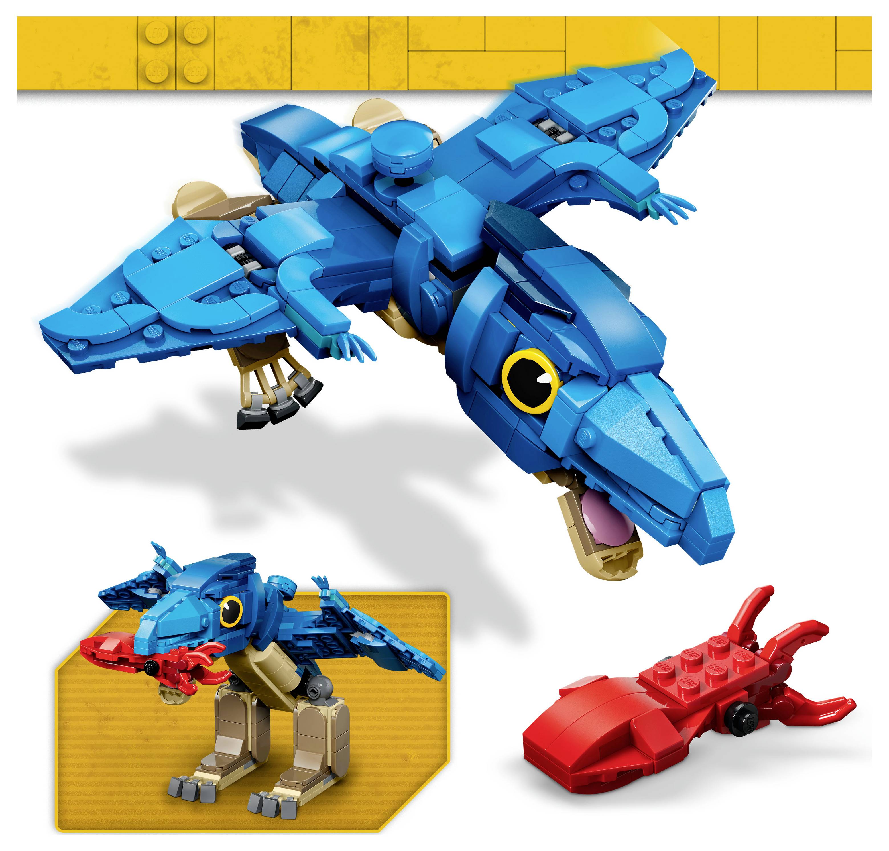 Modrý model pterosaura ve stylu LEGO se rozpaženými křídly; vložený obrázek ukazuje alternativní stavbu ve stoje a samostatnou variantu v červené barvě.