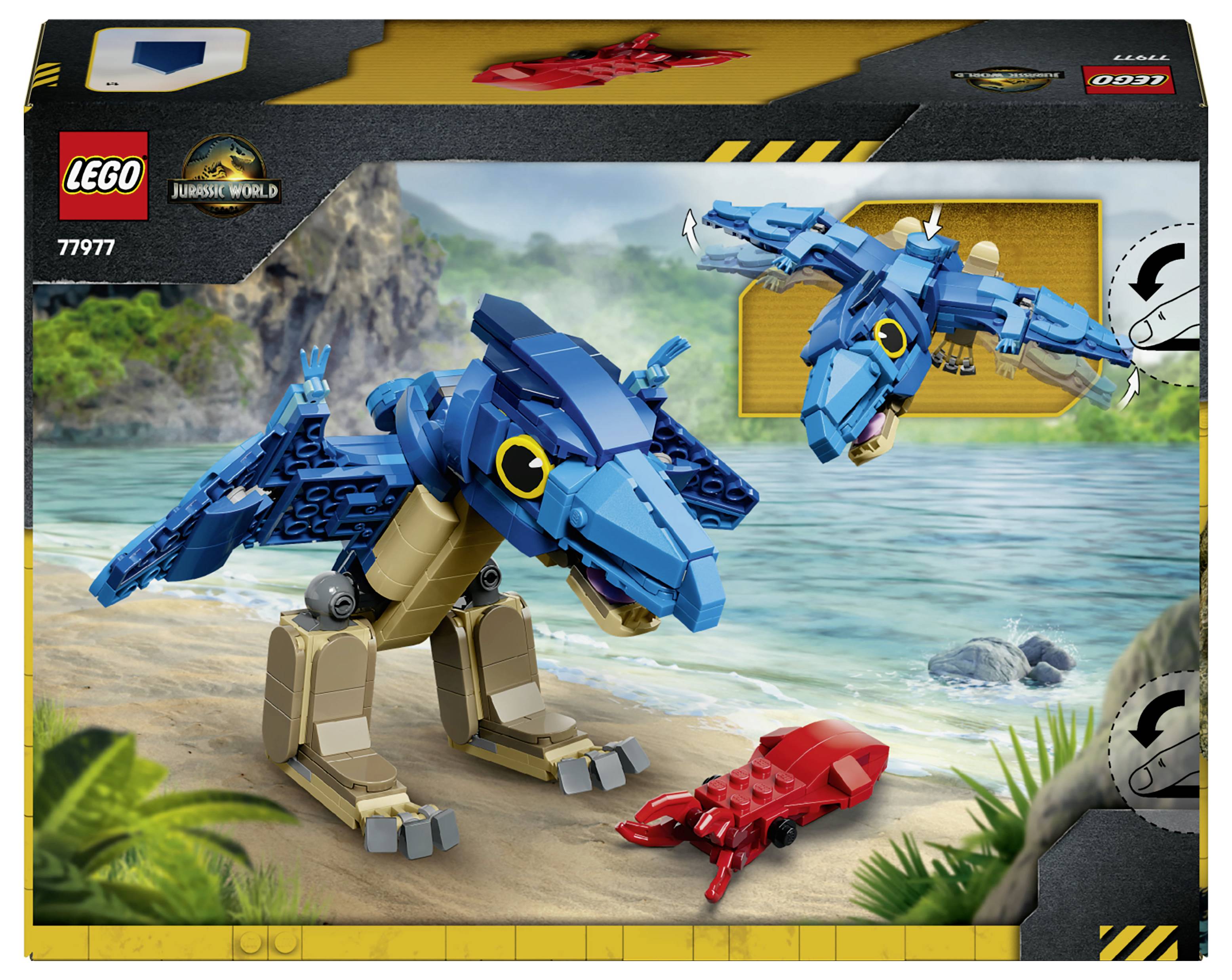 Obal sady LEGO Jurassic World zobrazující dva modré stavebnice hraček Dilophosaurus a červeného kraba na pláži blízko vody, sada 77977.