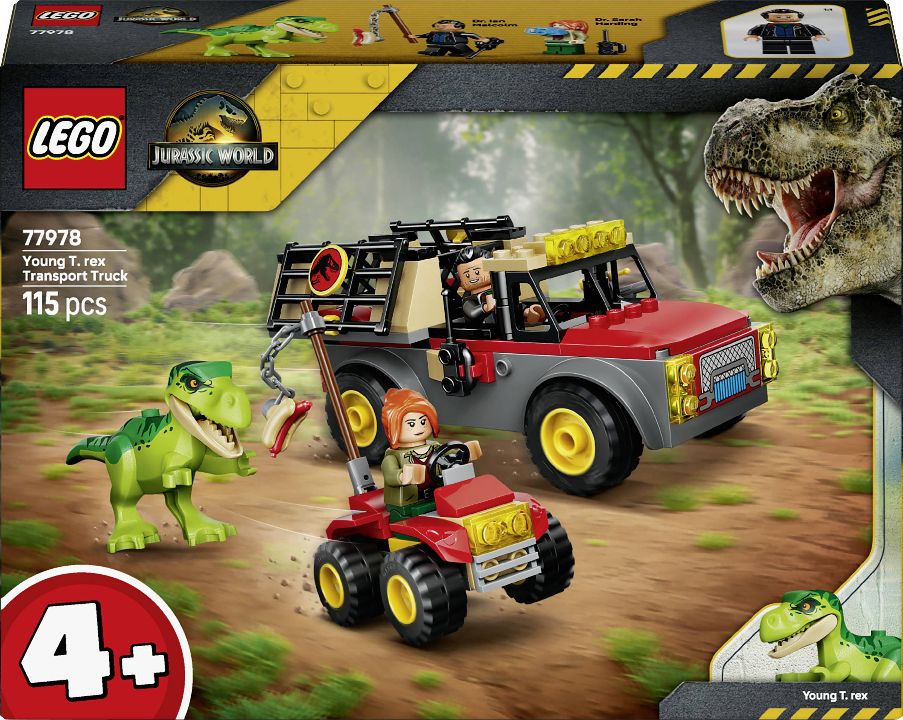 LEGO Jurassic World sada 77978 'Nákladní vůz pro přepravu mladého T. rexe' se 115 kusy a věkovým omezením 4+ let, zobrazující červený nákladní vůz, čtyřkolku, figurky a T. rexa s malým dinosaurem.