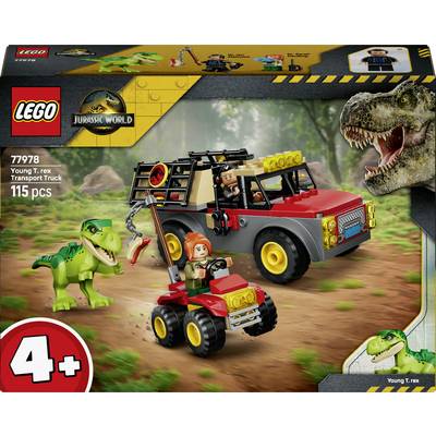 LEGO Jurassic World sada 77978 'Nákladní vůz pro přepravu mladého T. rexe' se 115 kusy a věkovým omezením 4+ let, zobrazující červený nákladní vůz, čtyřkolku, figurky a T. rexa s malým dinosaurem.