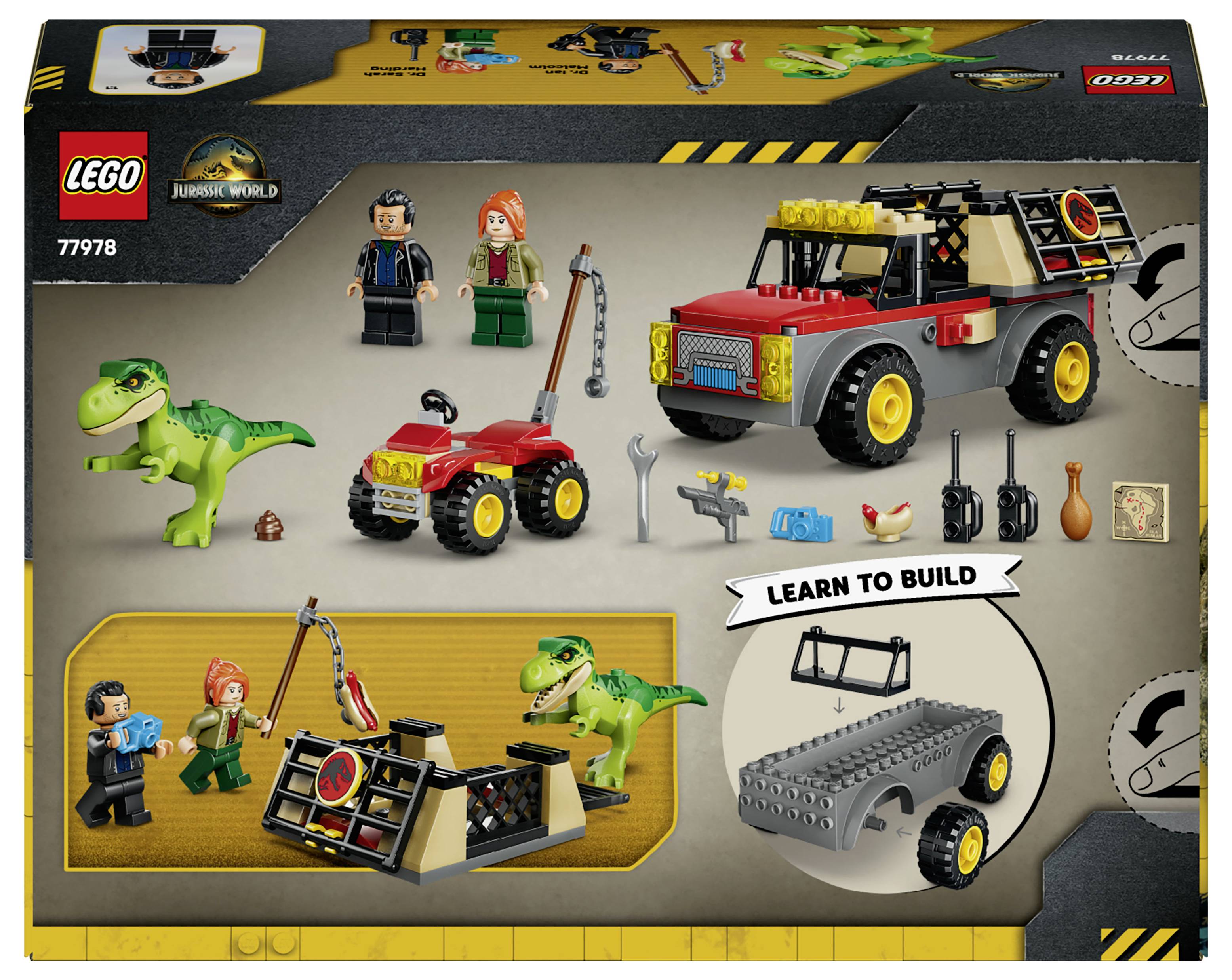 Krabice LEGO Jurassic World 77978 zobrazující červené terénní vozidlo, malý přívěs, dvě minifigurky a zeleného dinosaura s vloženým textem "Naučte se stavět".