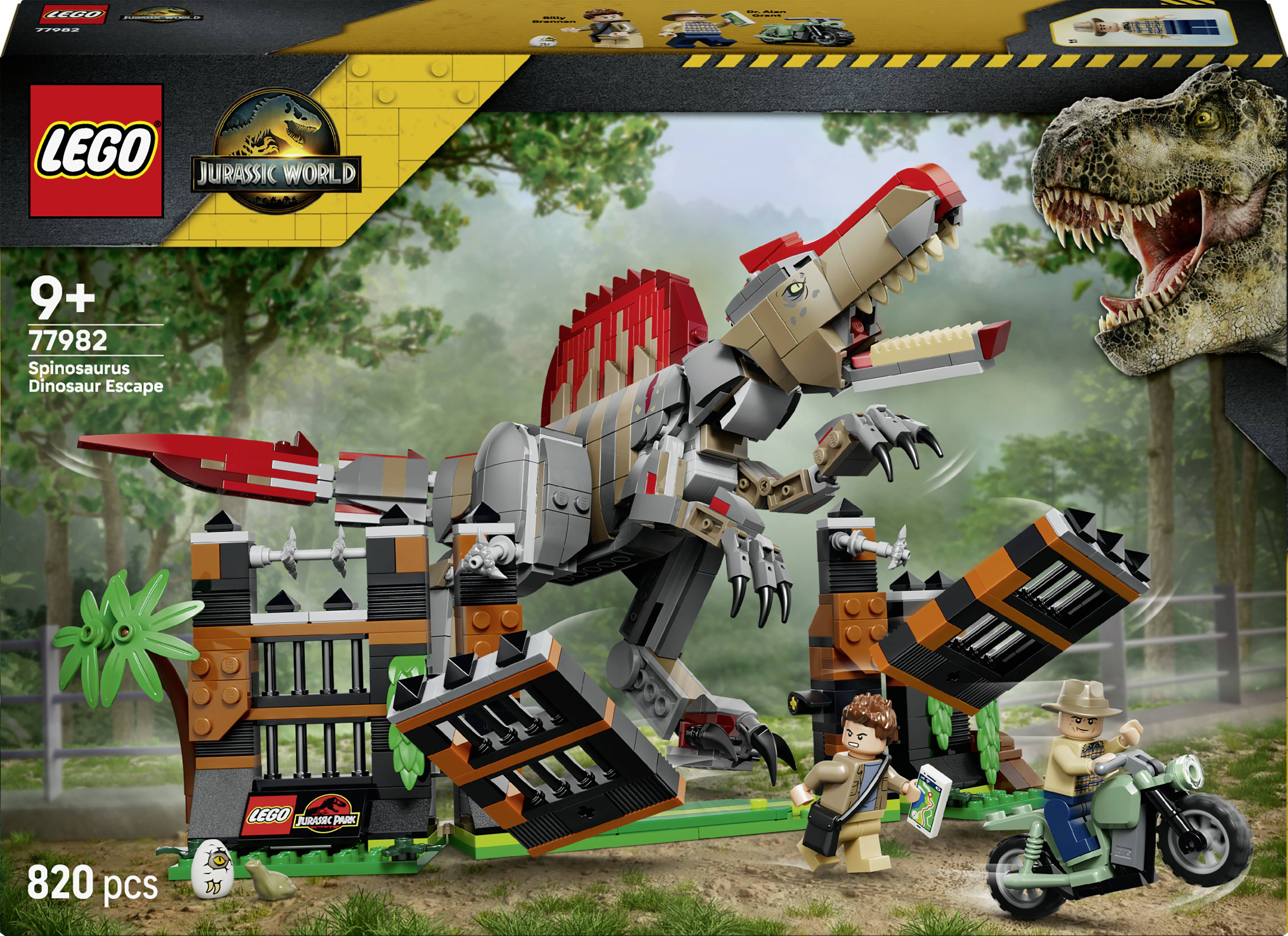 LEGO Jurassic World sada 'Útěk před Spinosaurem' – obal zobrazující Spinosaura útočícího na laboratoř a dvě minifigurky na zemi, 820 dílků, věk 9+