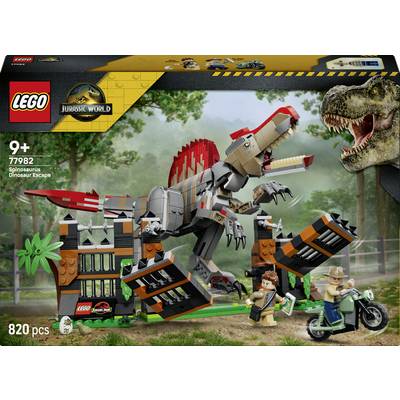 LEGO Jurassic World sada 'Útěk před Spinosaurem' – obal zobrazující Spinosaura útočícího na laboratoř a dvě minifigurky na zemi, 820 dílků, věk 9+