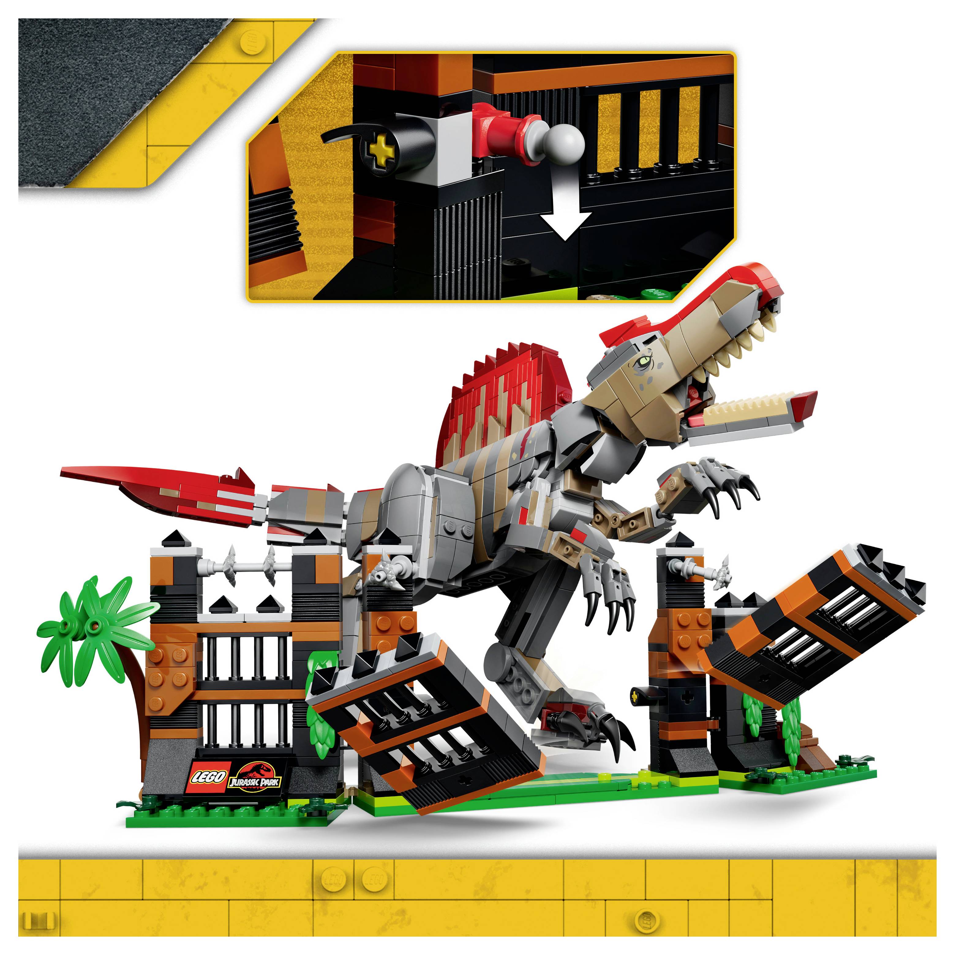 LEGO Jurassic World sada s velkým hnědošedým T. rexem pózujícím vedle brány Jurassic Park, s vloženým obrázkem ukazujícím herní prvek.