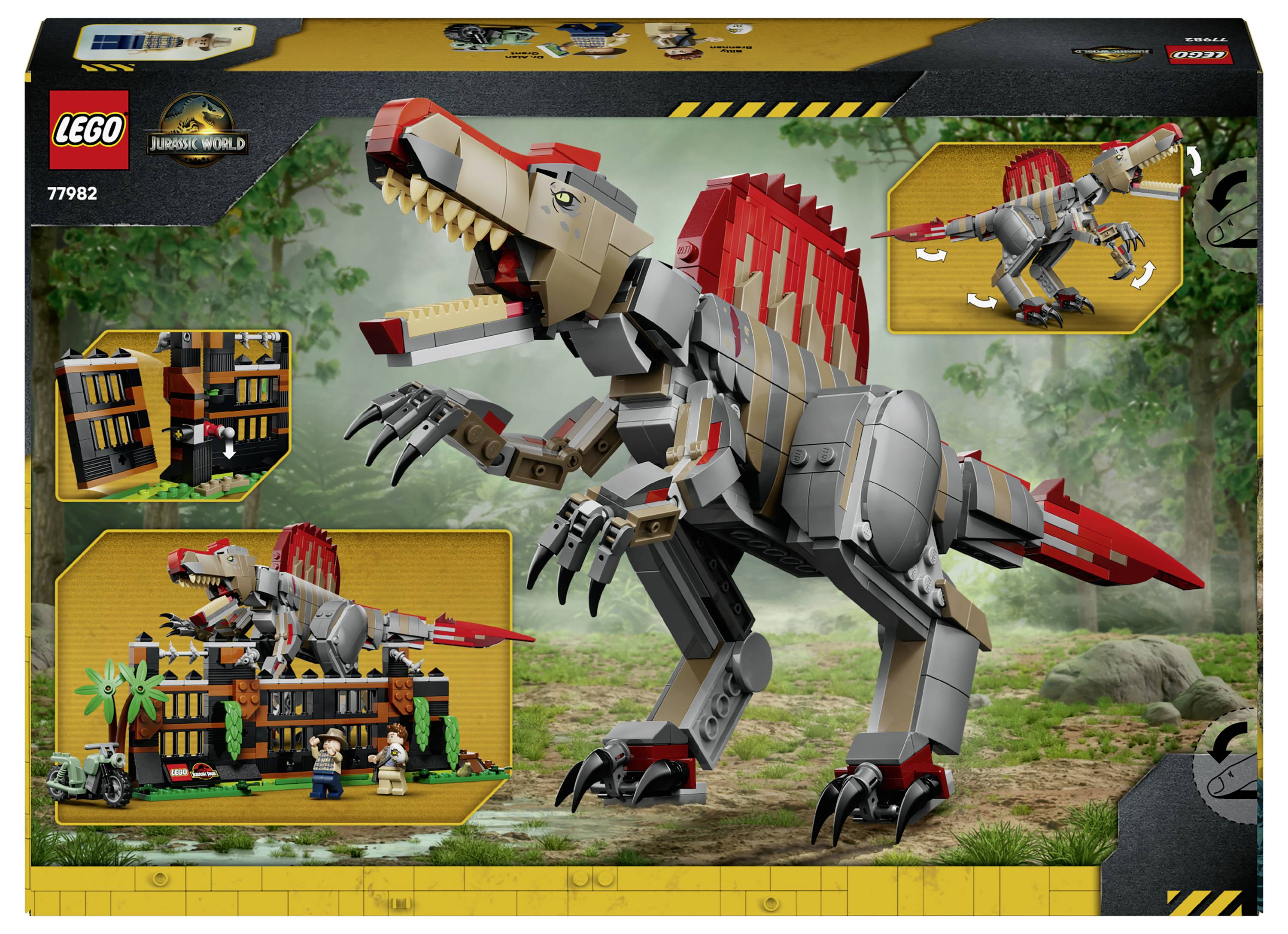 Krabicová grafika LEGO Jurassic World zobrazující stavbu Spinosaura s figurkami, vložené pohledy na dinosaura a laboratorní sadu, číslo produktu 77982.