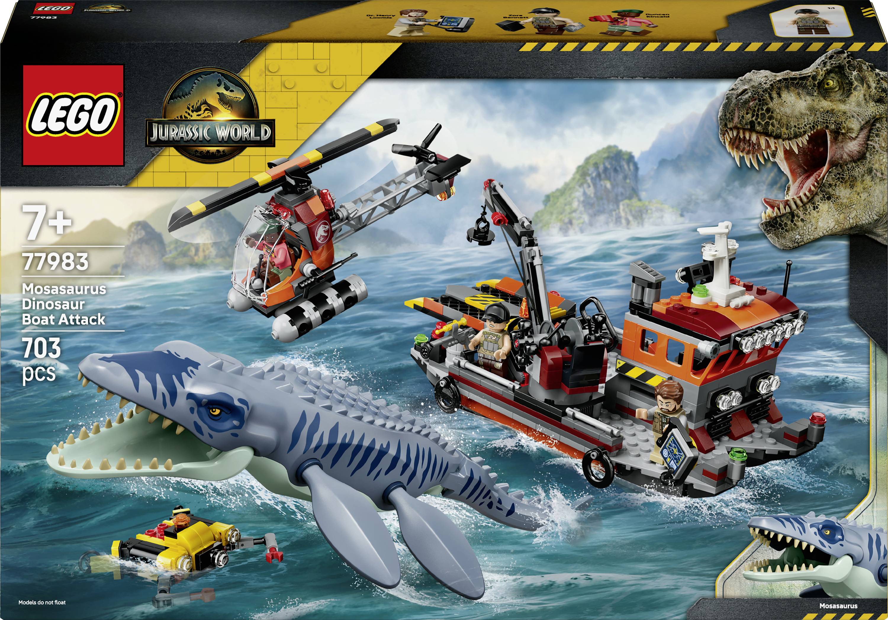 LEGO Jurassic World sada box art pro „Útok Mosasaura na dinodlod" (věk 7+), zobrazující loď, helikoptéru, minifigurky a obřího Mosasaura v moři, 703 dílů.