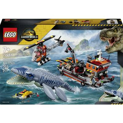 LEGO Jurassic World sada box art pro „Útok Mosasaura na dinodlod" (věk 7+), zobrazující loď, helikoptéru, minifigurky a obřího Mosasaura v moři, 703 dílů.