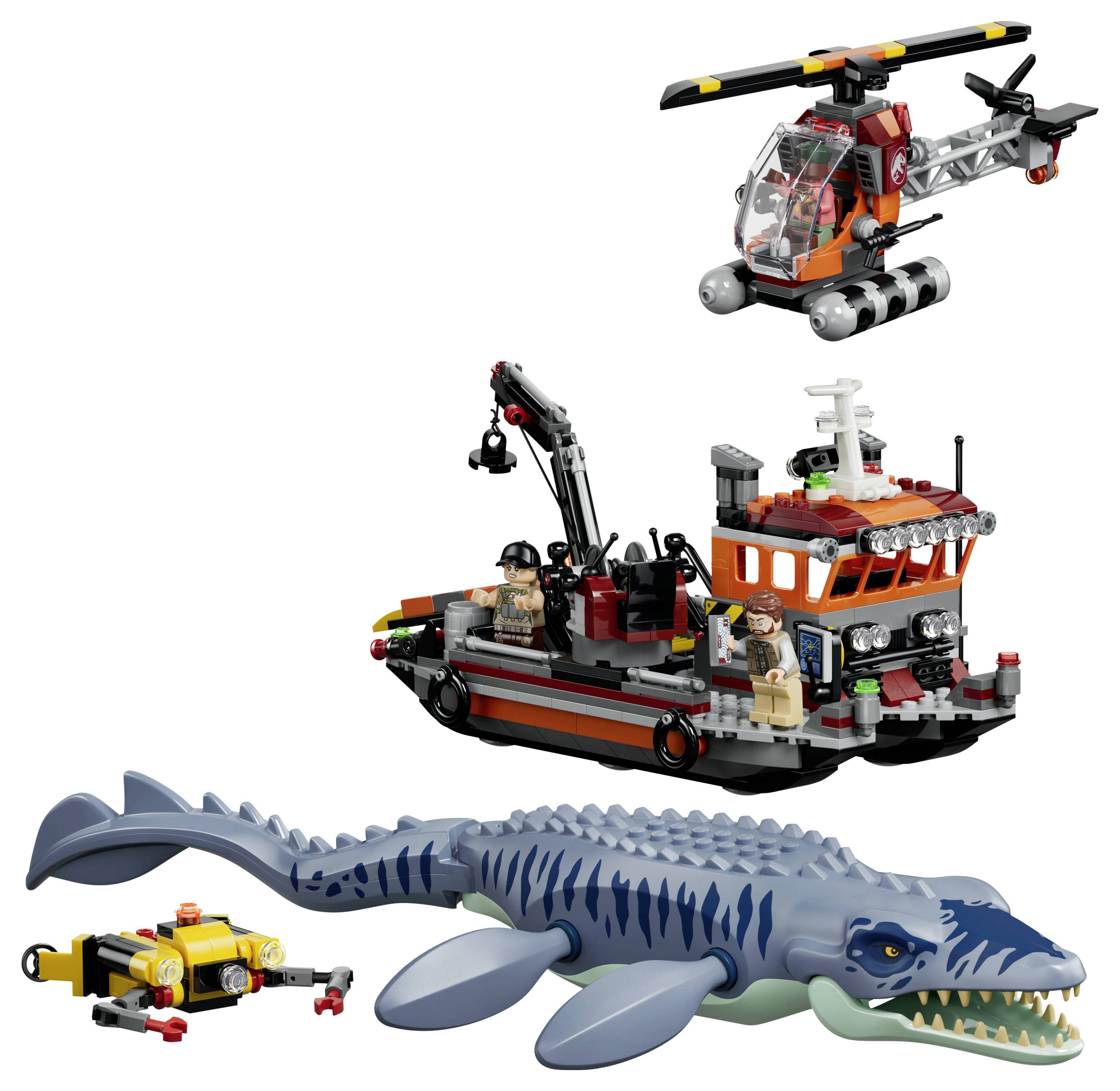 Sada hraček ve stylu LEGO s záchranným člunem, helikoptérou, malou ponorkou a velkým modrým mořským netopýrem.