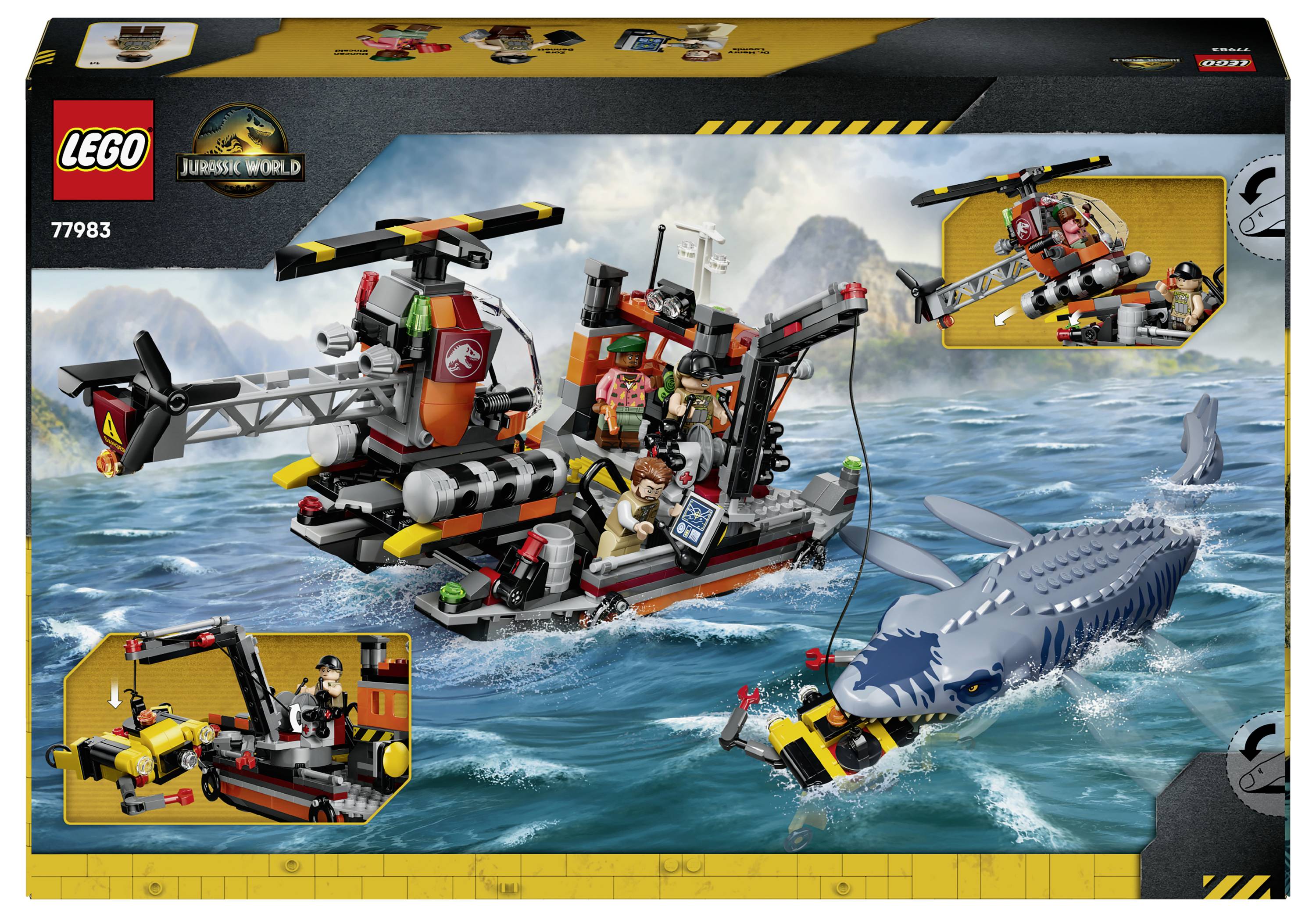 LEGO Jurassic World 77983 art na krabici zobrazující záchranný člun a helikoptéru pronásledující žraloka v bouřlivých oceánských vodách, s minifigurkami a vloženými scénami akcí.