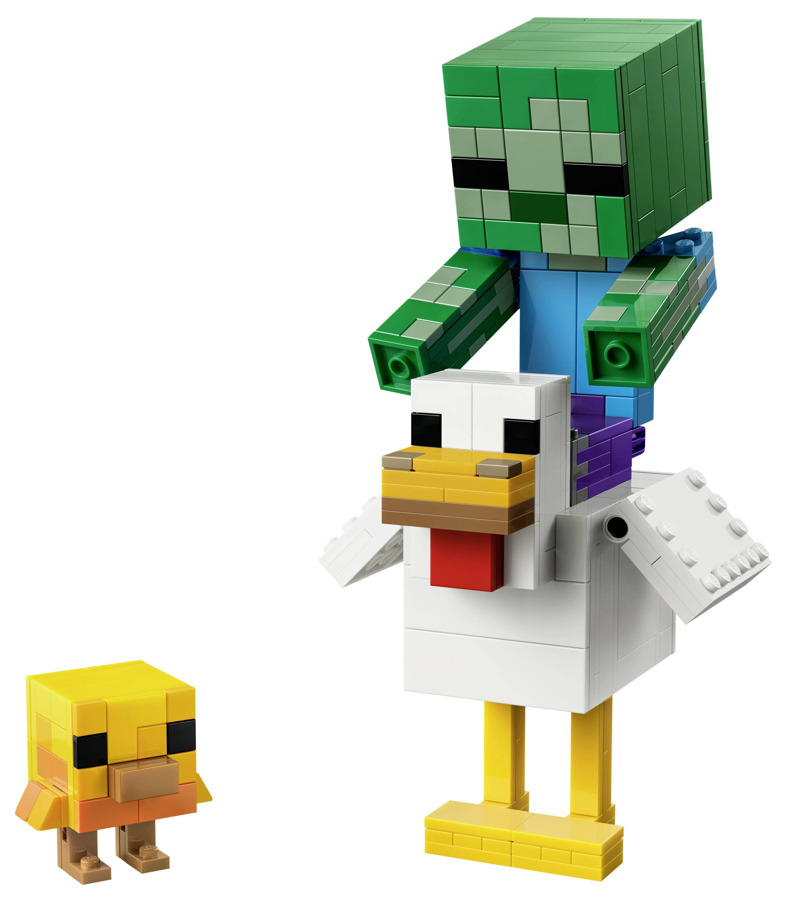 Figurka zombie ve stylu Lego jezdící na bílé slepici, s malým žlutým kuřetem v blízkosti na prostém pozadí.