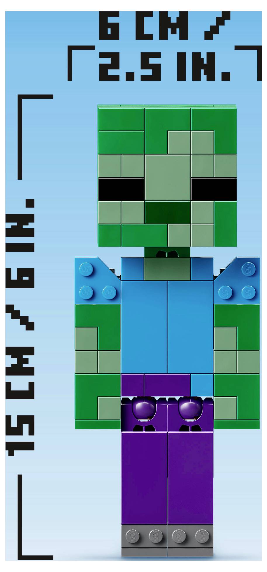 Postava ve stylu Minecraft, vytvořená z bloků, zobrazená na světle modrém pozadí, označená rozměry 6 palců na 2,5 palce.