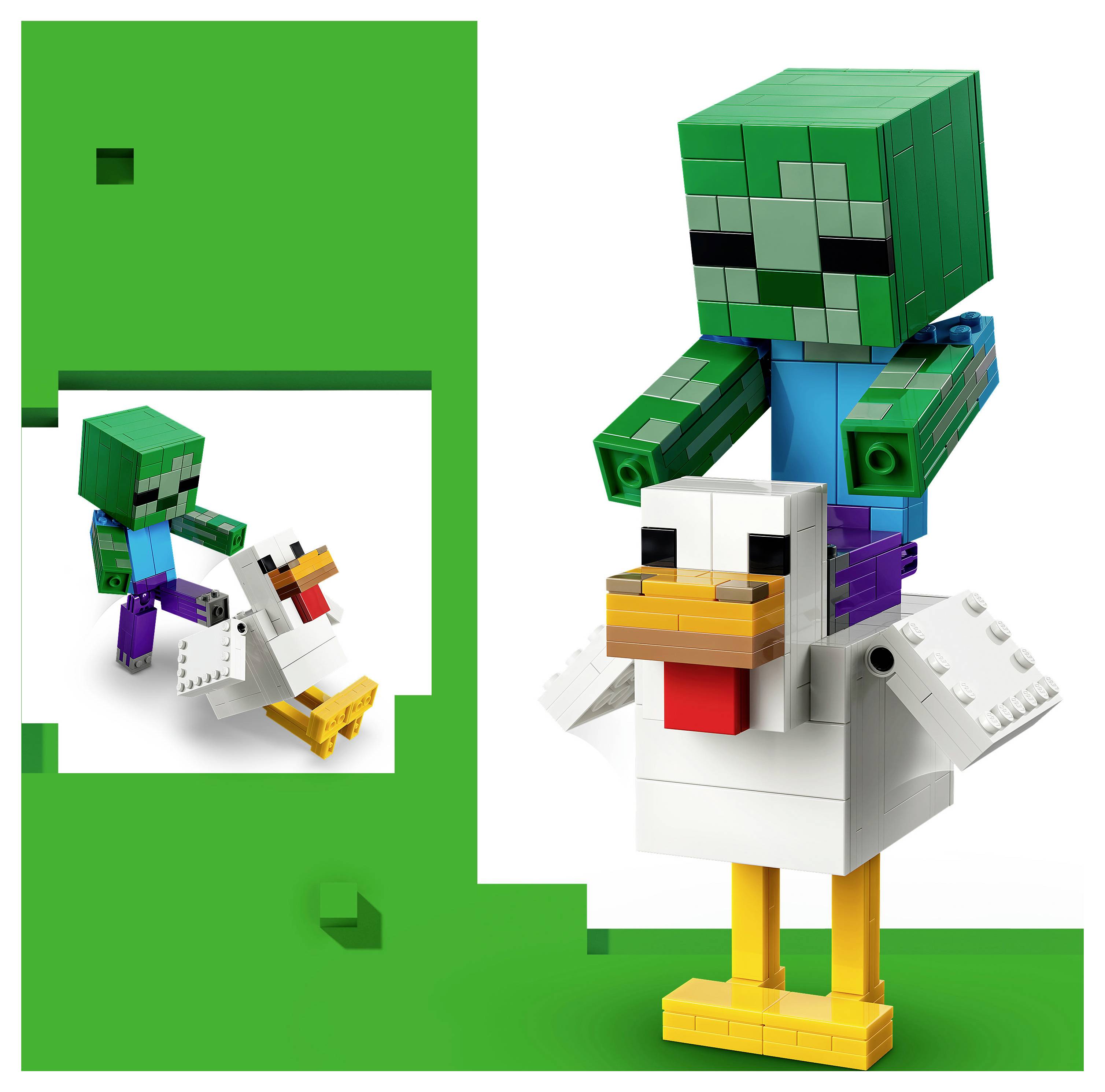 LEGO figurka v podobě zeleného zombie jedoucího na bílé kachně s oranžovým zobákem a nohama, zobrazená jako produktový obrázek na zeleném a bílém pozadí.