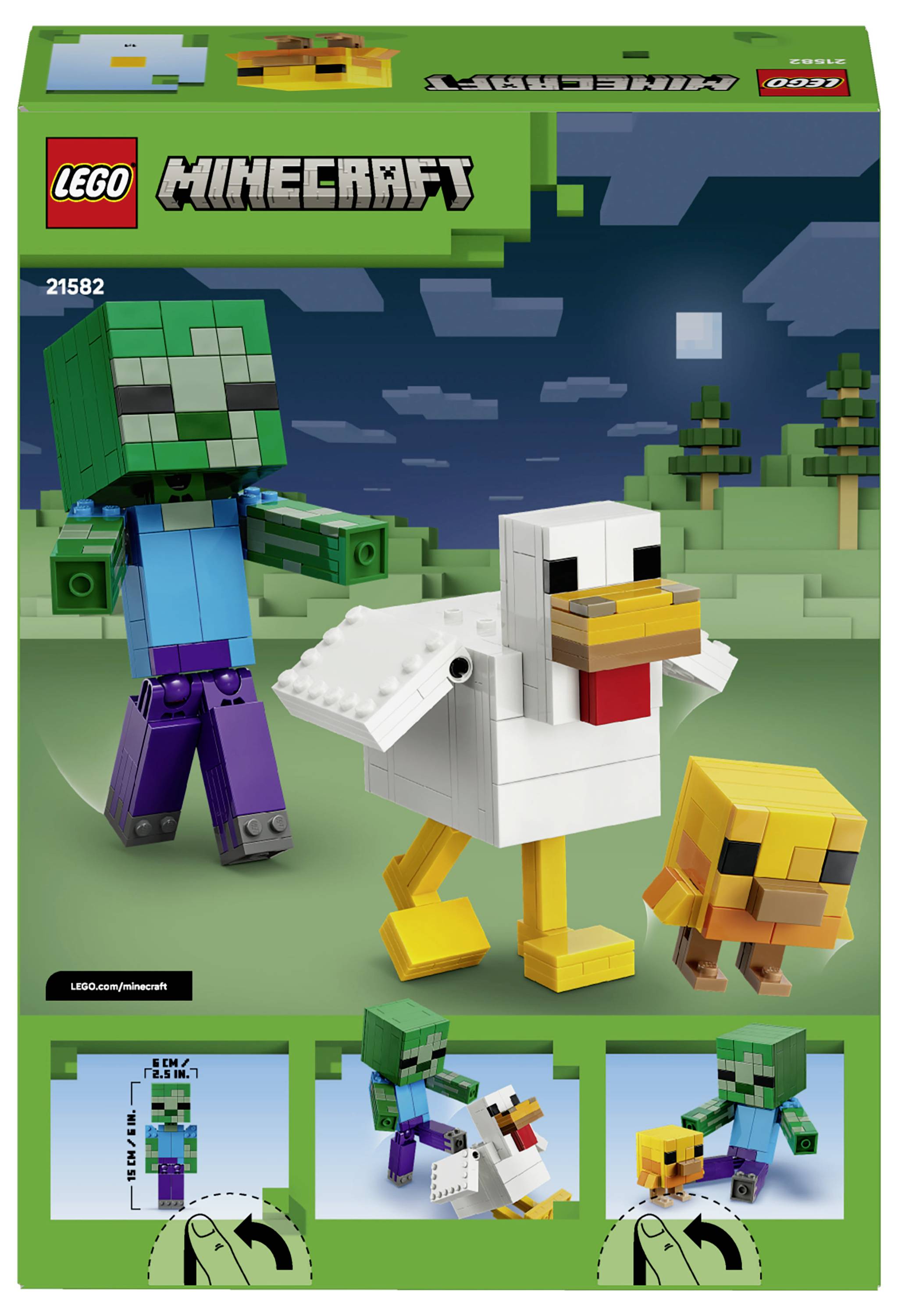 Krabice sady LEGO Minecraft zobrazující zeleného zombie, bílou kuřici a žluté kuřátko na travnatém krajině Minecraft.