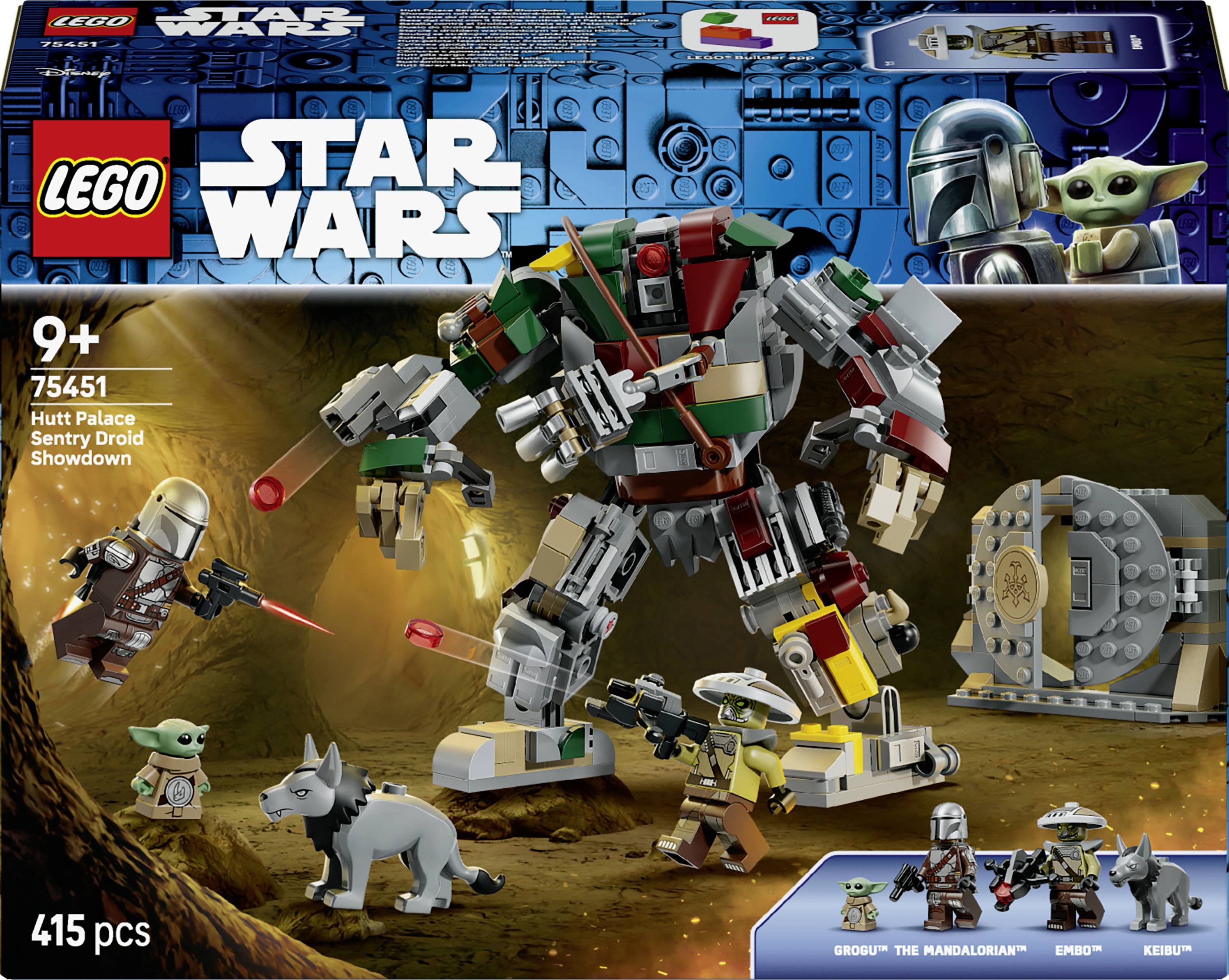 Výtvarné dílo obalu sady LEGO Star Wars 75345 'Hutt Palace Showdown', které zobrazuje bitvu s velkým pancéřovaným droidekem, Mandalorianem, Bobou Fettem, Grogu a vlkem; 415 dílků.