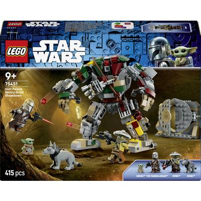 Výtvarné dílo obalu sady LEGO Star Wars 75345 'Hutt Palace Showdown', které zobrazuje bitvu s velkým pancéřovaným droidekem, Mandalorianem, Bobou Fettem, Grogu a vlkem; 415 dílků.