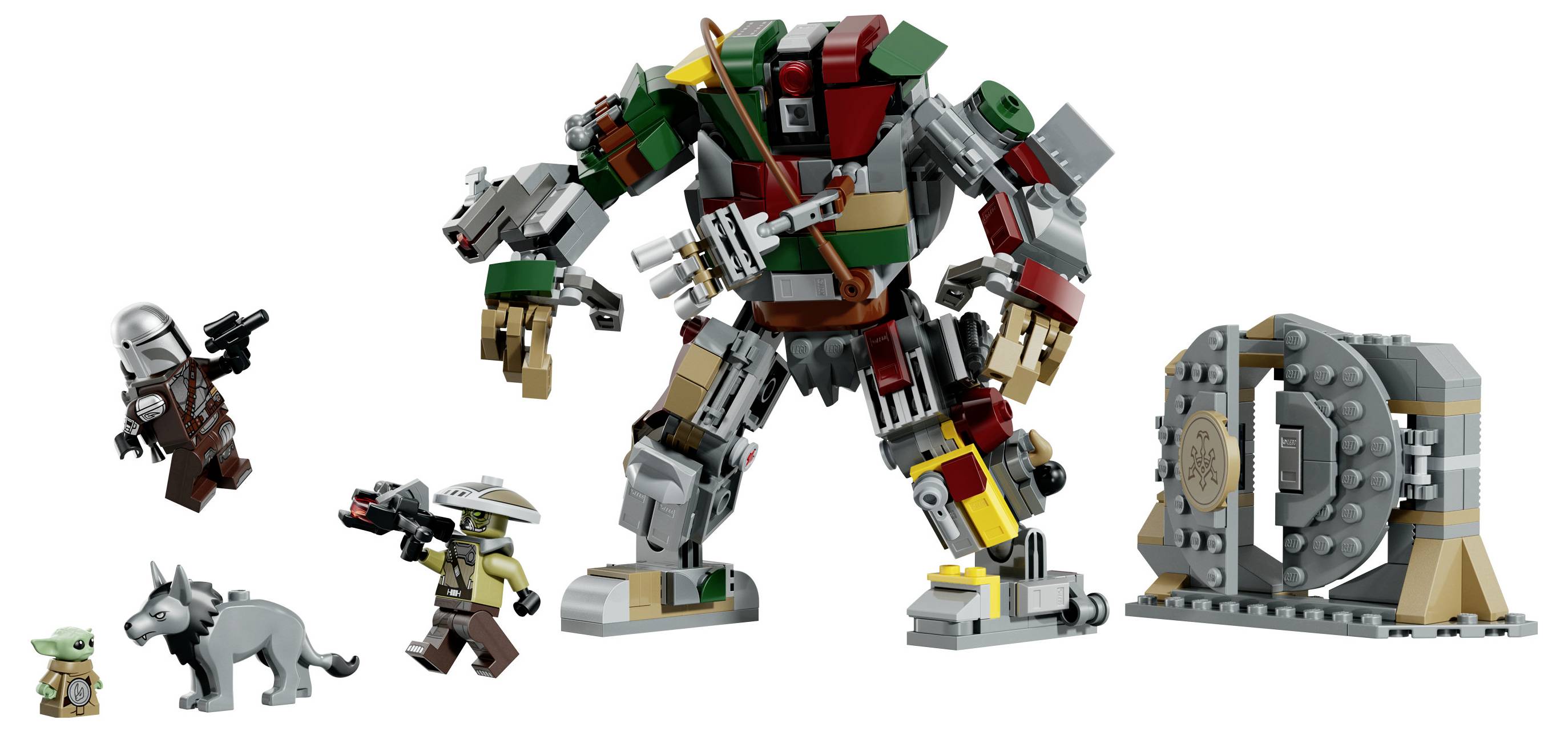 Robotický LEGO mechanismus stojí vedle velké šedé trezorových dveří, v blízkosti se nachází několik malých sci-fi postaviček a tvorů na bílém pozadí.