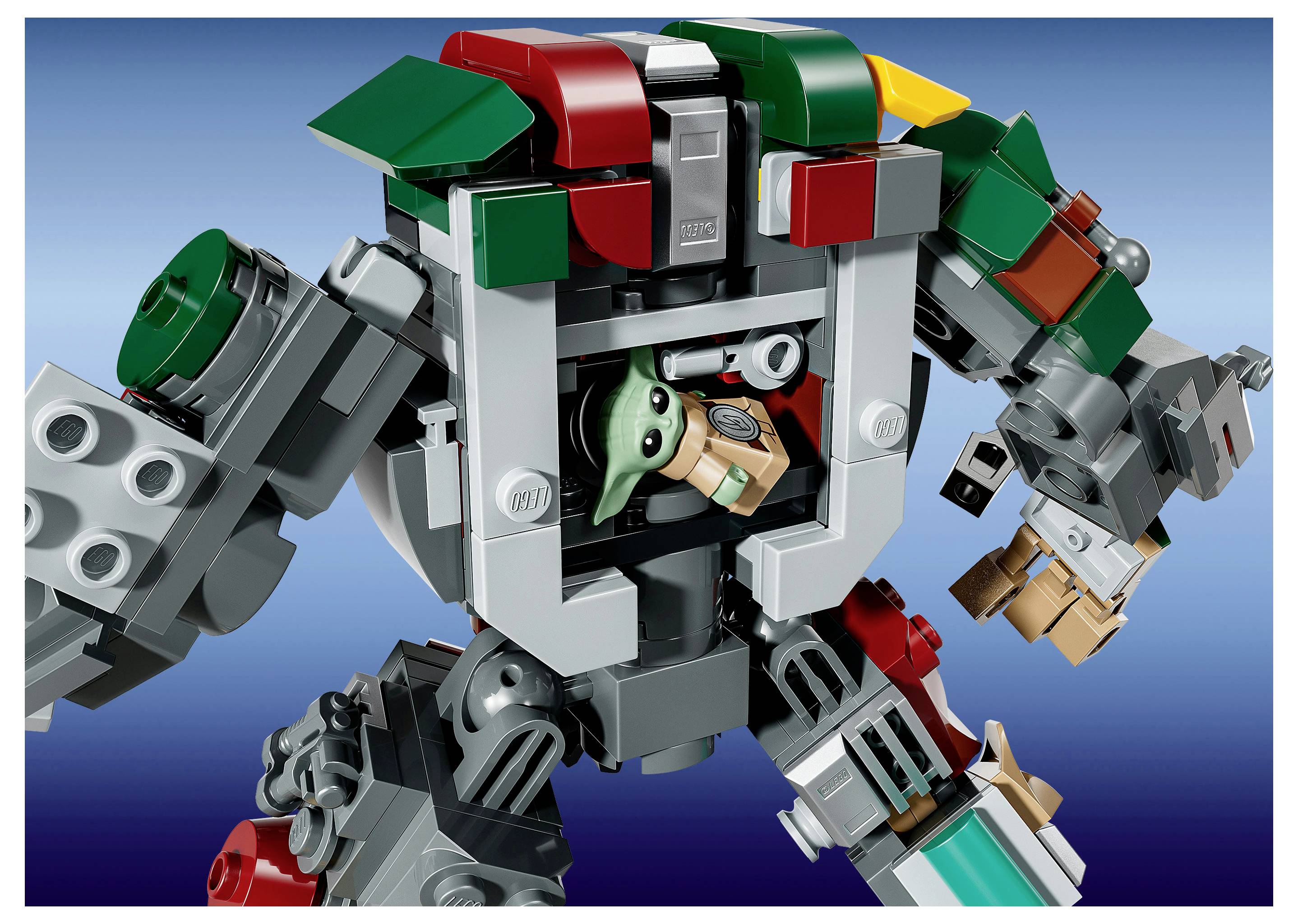 Detailní záběr na robota LEGO stylu v podobě mechanického stroje se zeleným, šedým a červeným pancéřem, postaveného proti modrému přechodovému pozadí.