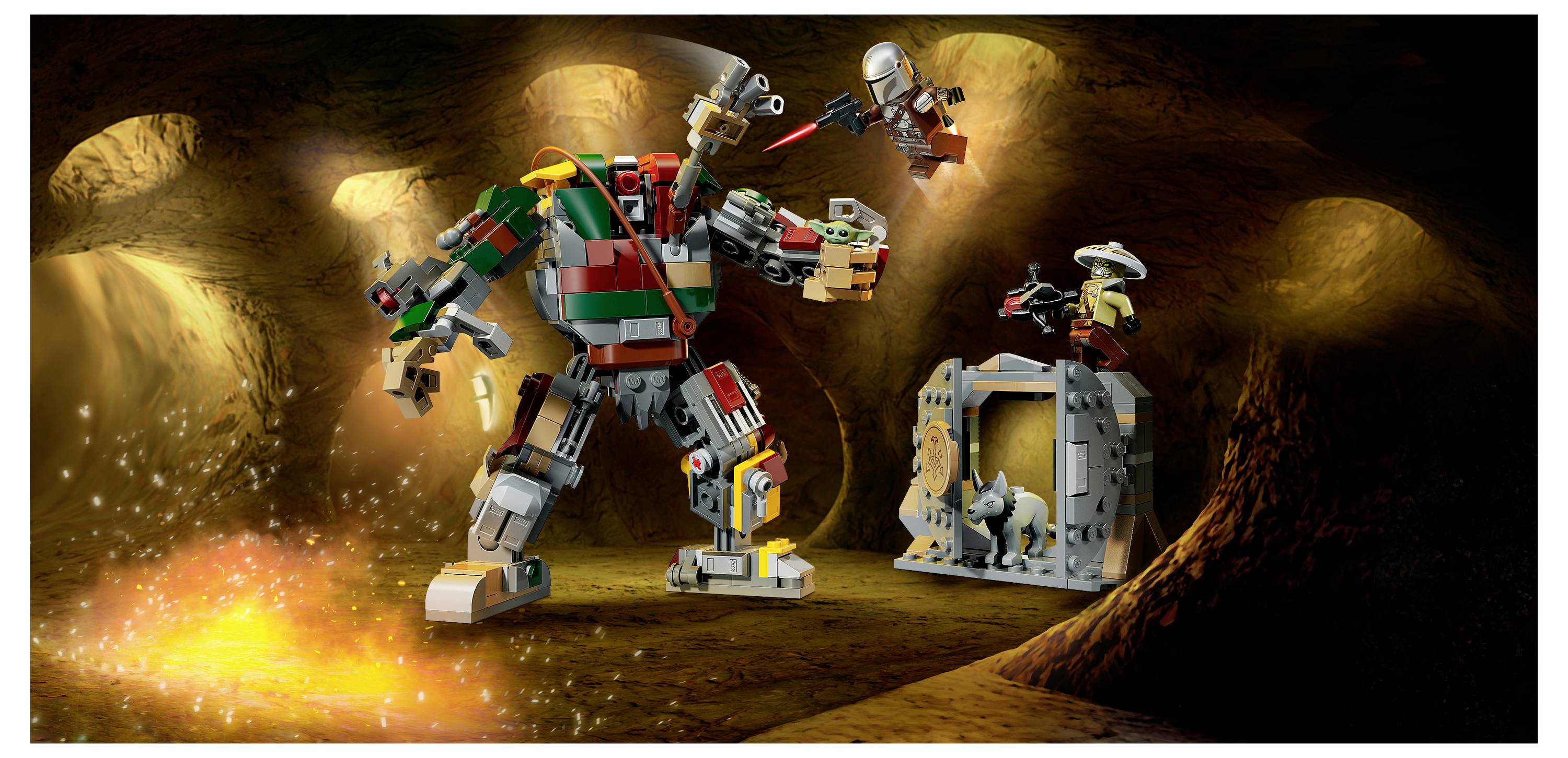 Dva LEGO roboti se střetávají v jeskyni, zatímco menší postava střeží klec s tvorem, který je osvětlen jiskrami a výbuchem.