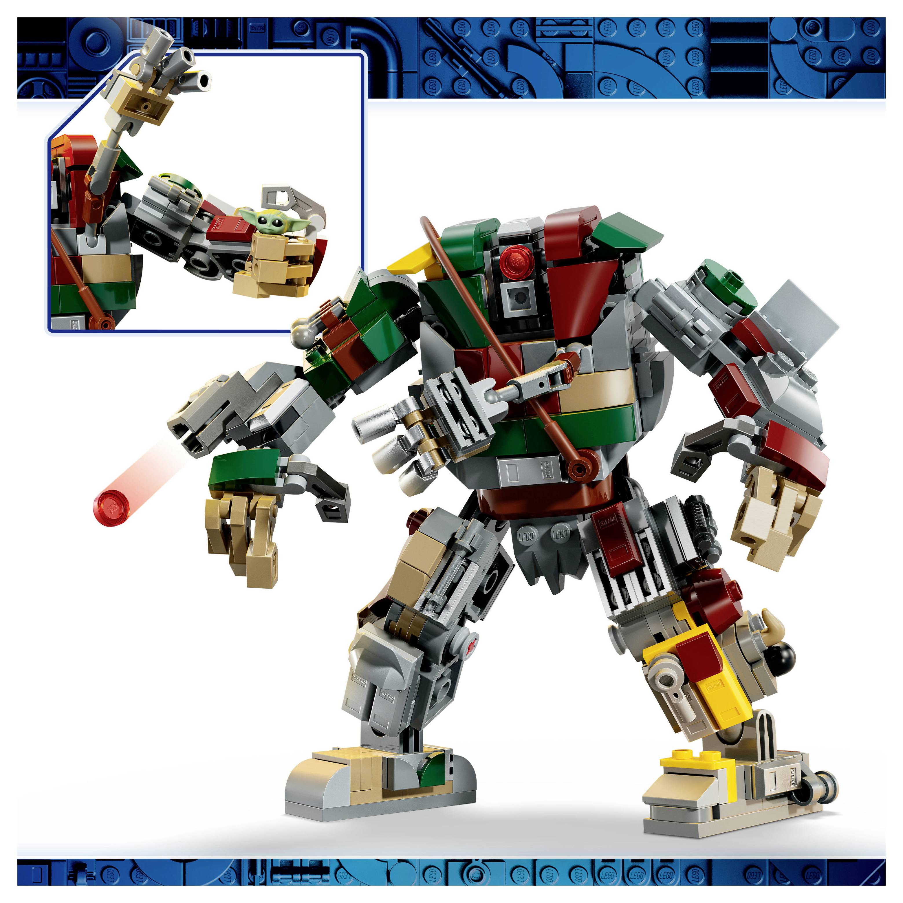LEGO-style robot mech v červené, zelené, šedé a zlaté barvě pózuje na bílém pozadí, s vloženým obrázkem zobrazujícím jeho paži vypouštějící červený laserový paprsek.