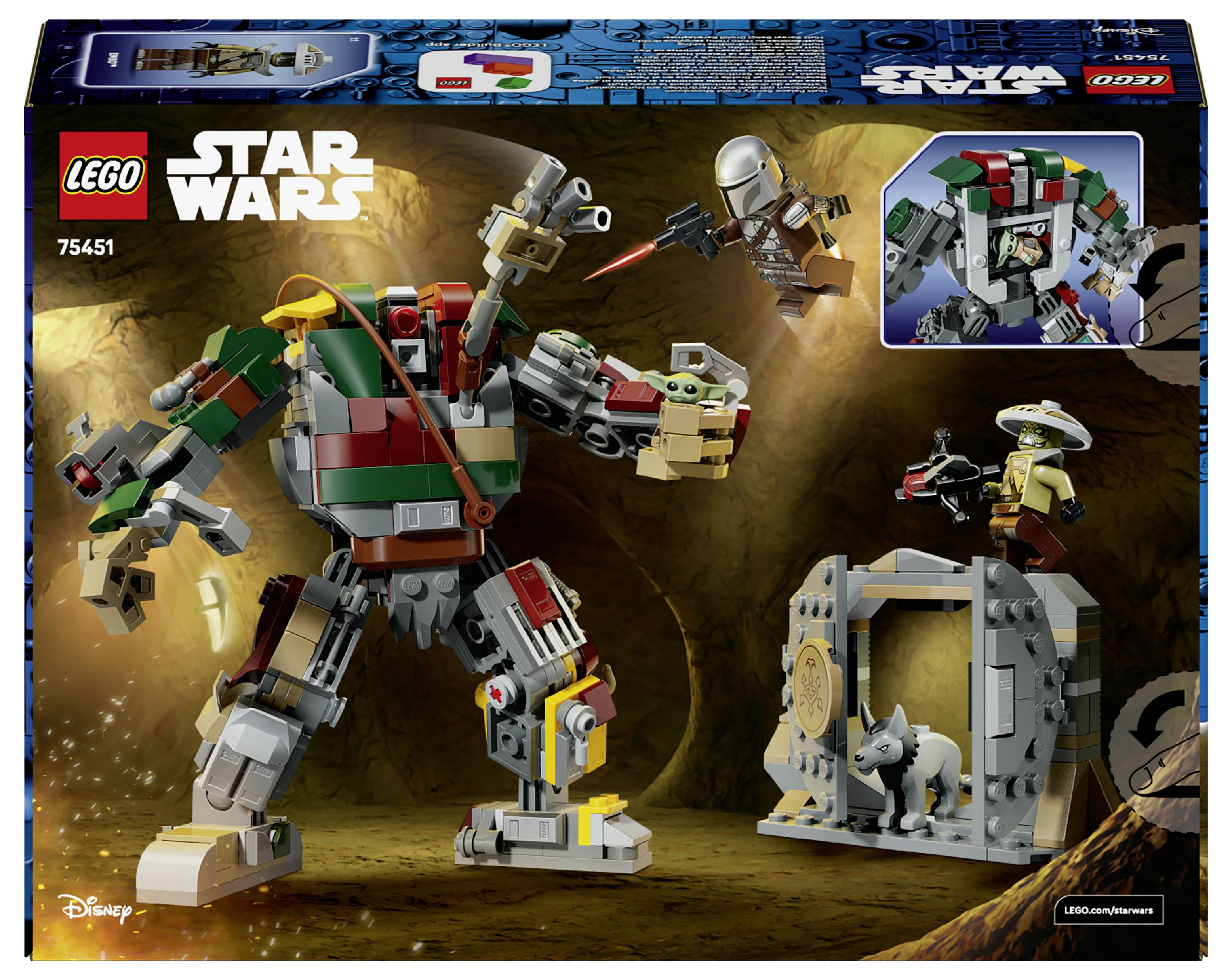 LEGO Star Wars krabicová grafika zobrazující cihlou postaveného Wookiee mecha bojujícího s Mandaloriánem v jeskyni, s malým vloženým obrázkem kokpitu mechu a vedlejší stavbou s minifigurkou a bednou pro bytost.