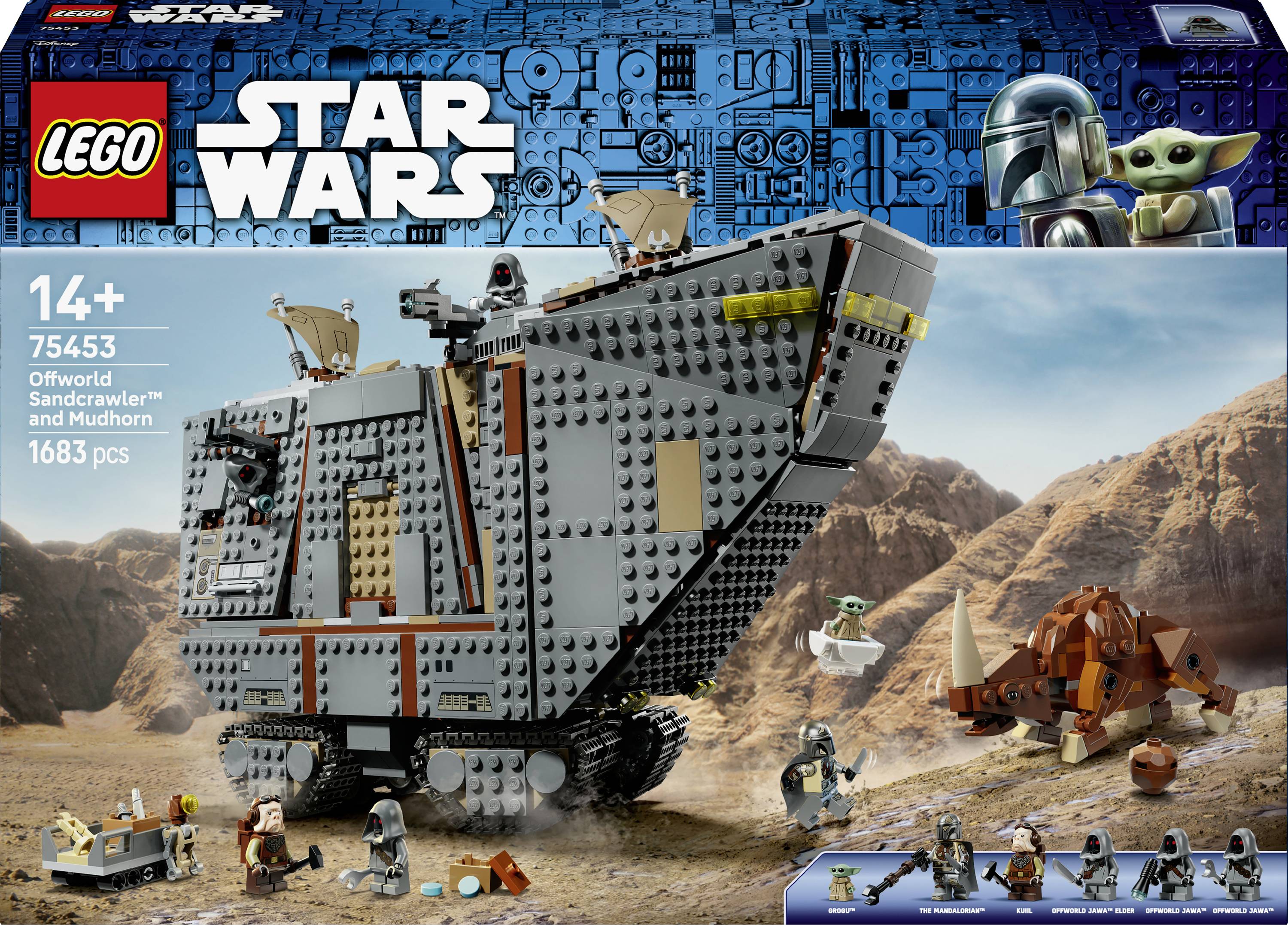 LEGO Star Wars 75453 souprava pro věk 14+ s obálkou zobrazující Offworld Sandcrawler a Mudhorn v scéně pouštní bitvy s minifigurkami.