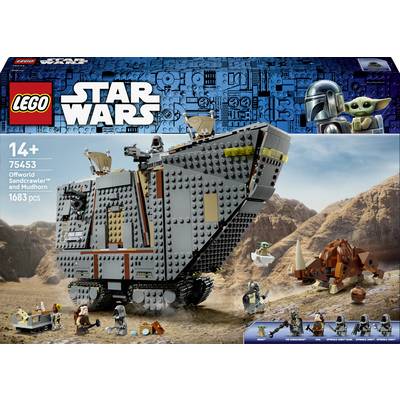 LEGO Star Wars 75453 souprava pro věk 14+ s obálkou zobrazující Offworld Sandcrawler a Mudhorn v scéně pouštní bitvy s minifigurkami.
