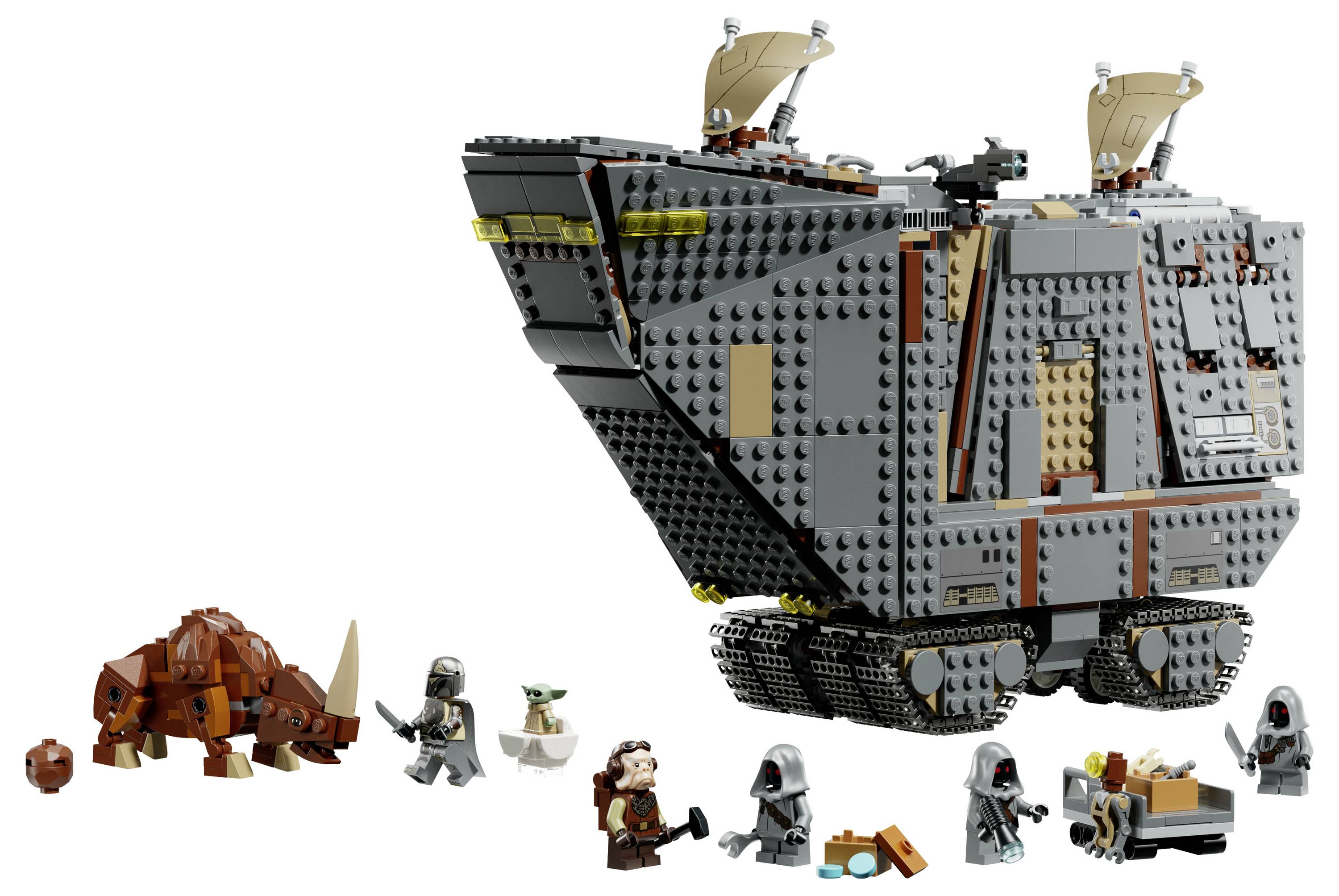 LEGO Star Wars scéna s velkým šedým pancéřovaným chodcem/lodí a oranžovým zvířetem, plus několika minifigurkami a malými příslušenstvím na bílém pozadí.