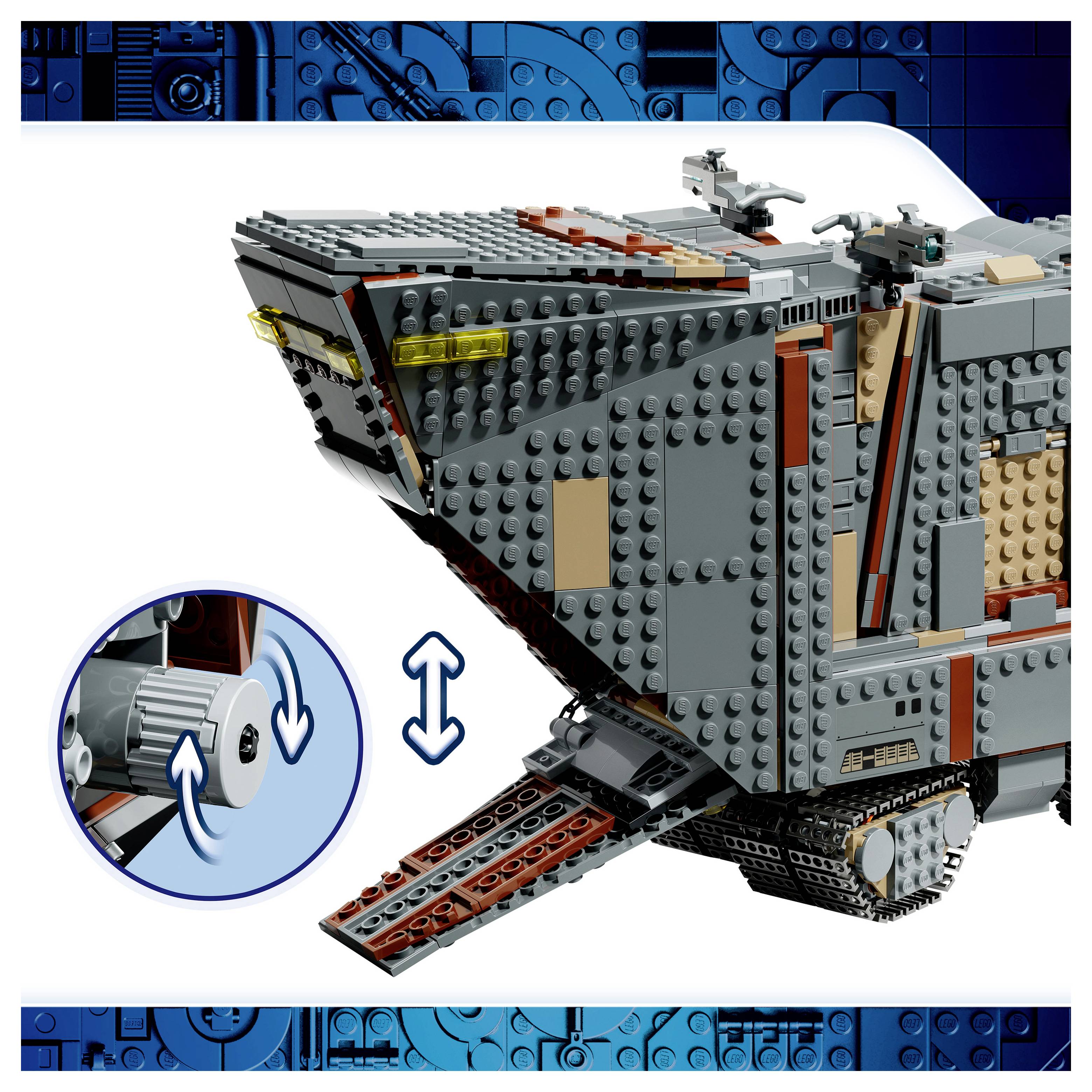 Vesmírná loď/vozidlo LEGO zobrazené v bočním pohledu s vysouvající se rampou a vloženou ikonou ukazující rotační ovládací knoflík se šipkami nahoru/dolů.