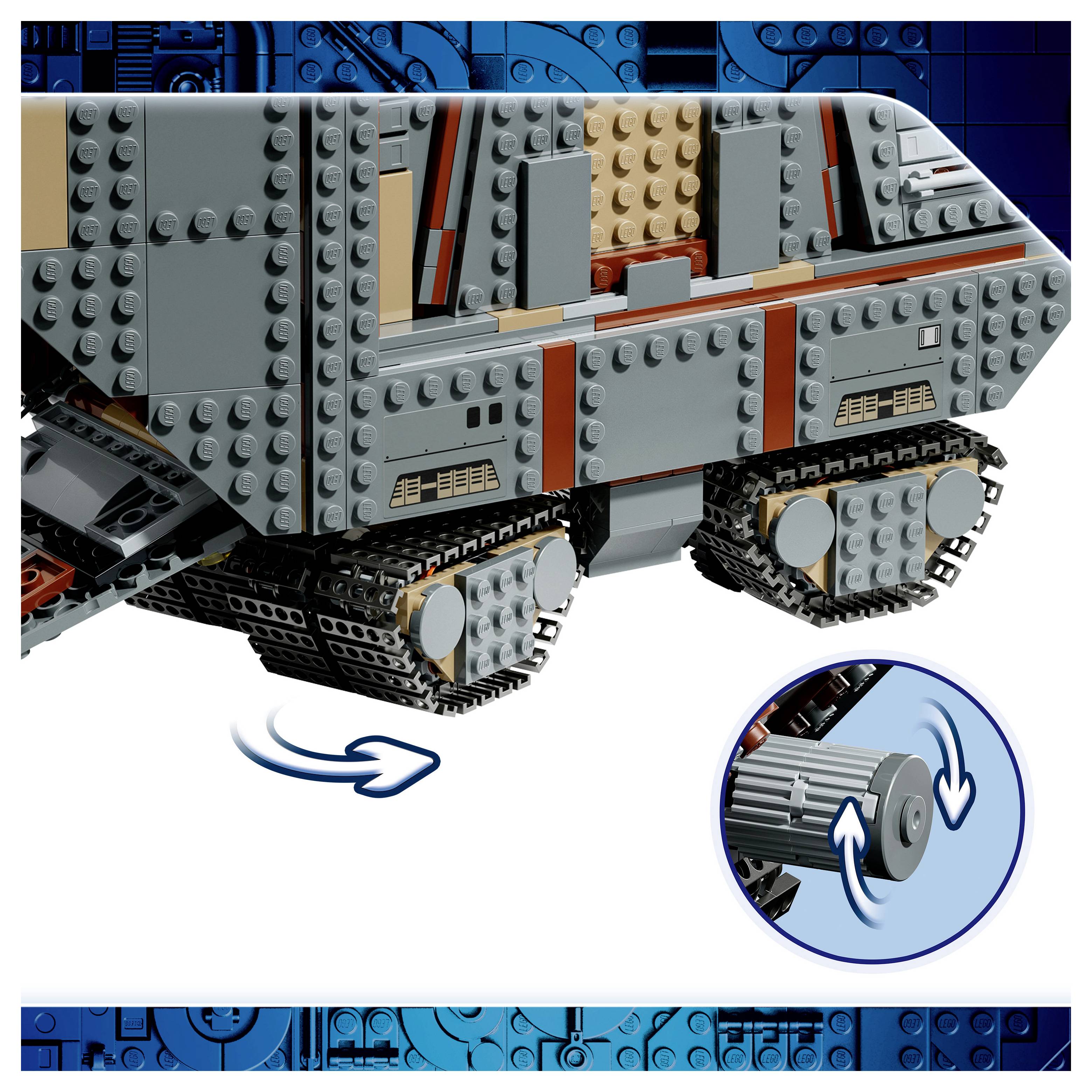 Spodní část vozidla ve stylu LEGO se šipkou ukazující pohyb kola, plus kruhové zvětšení zobrazující osu kola rotující nahoru a dolů.