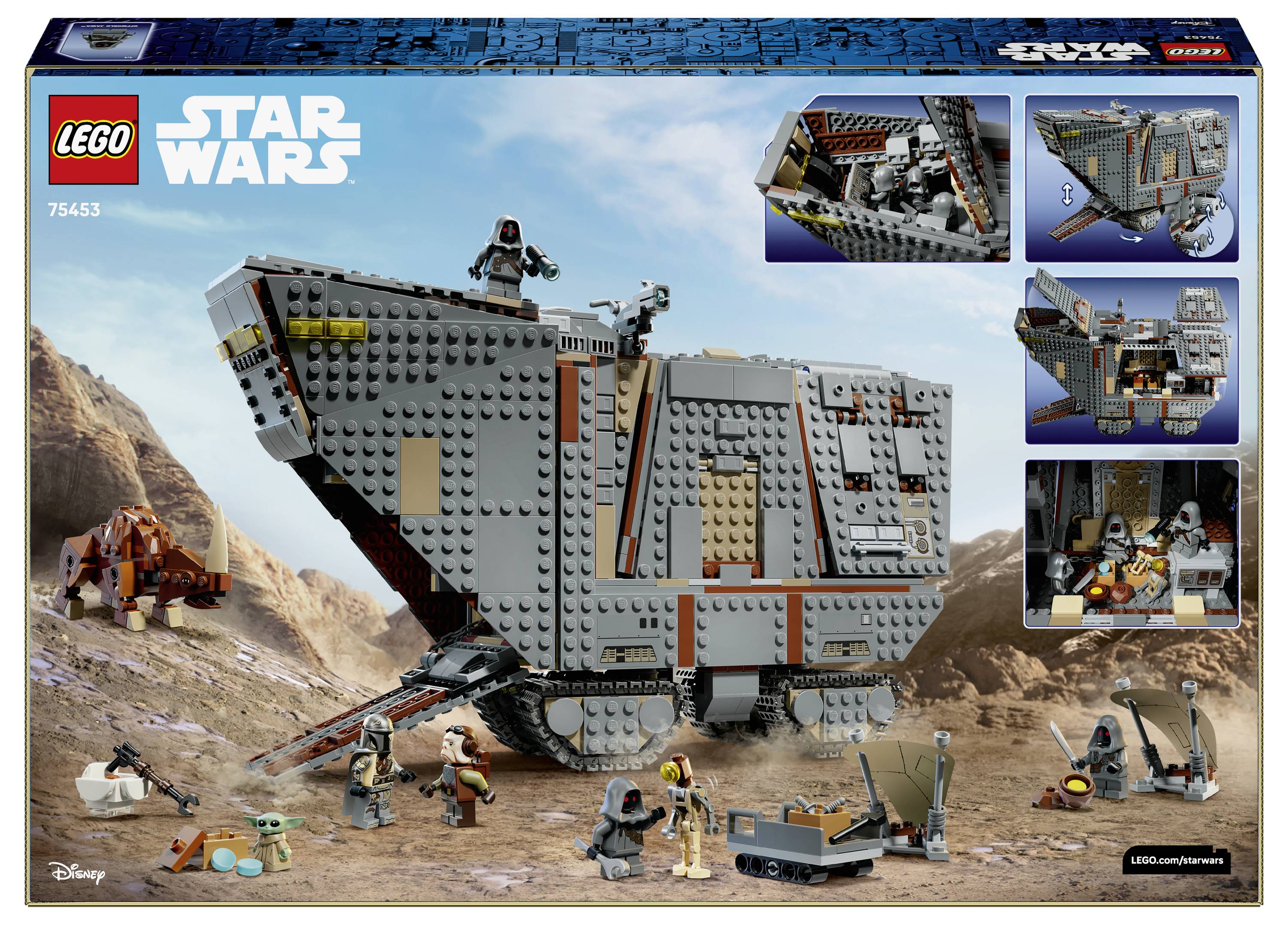 Umění obalu sady LEGO Star Wars zobrazující velký šedý pancéřovaný transport na pouštní planetě s minifigurkami a vloženými scénami staveb.