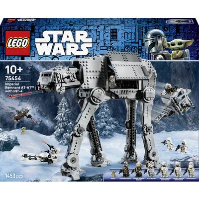 LEGO Star Wars krabicová grafika zobrazující imperiální AT-AT s AT-RT, sada 75454 pro věk 10+, s více minifigurkami v scéně sněžné bitvy.