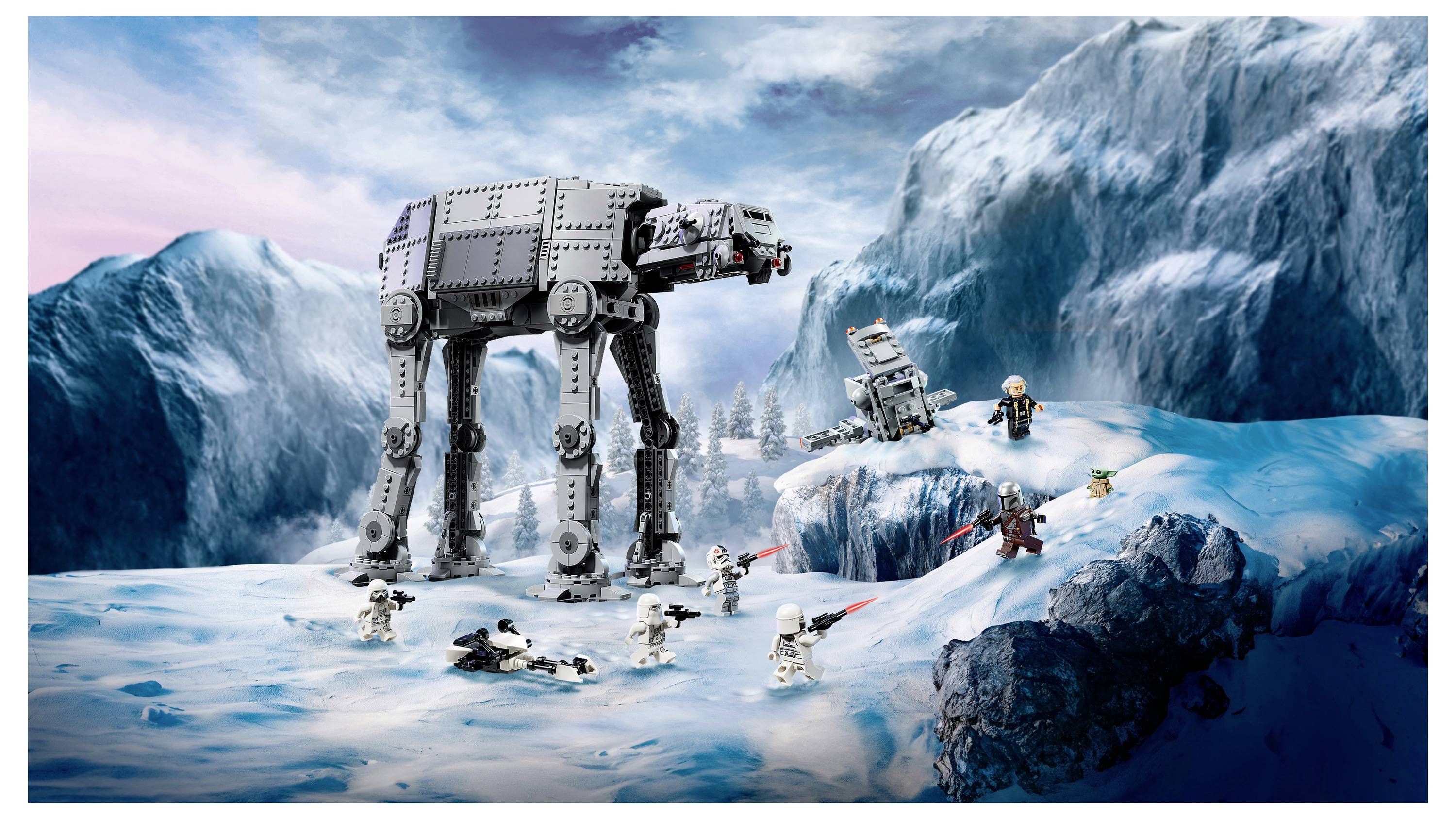 Bitva LEGO Star Wars v ledové krajině, s velkým chodcem AT-AT a malými sněhovými jednotkami čelícími rebelským bojovníkům a rychlostním vozidlům uprostřed modrých ledových útesů.