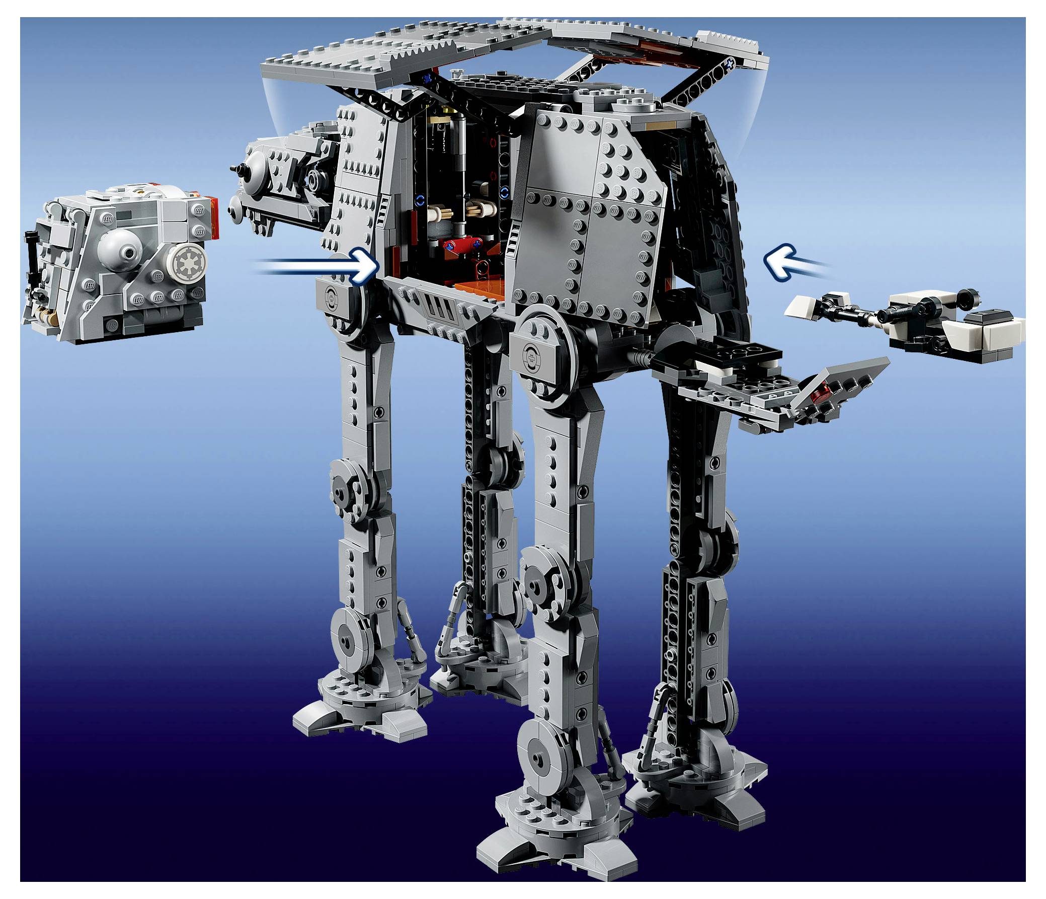 LEGO styl mechanických chůdí robot se čtyřmi nohami, zobrazený otevřený tak, aby byly vidět vnitřní součásti, s odpojeným motorovým modulem a šipkami označujícími body montáže nebo připojení.