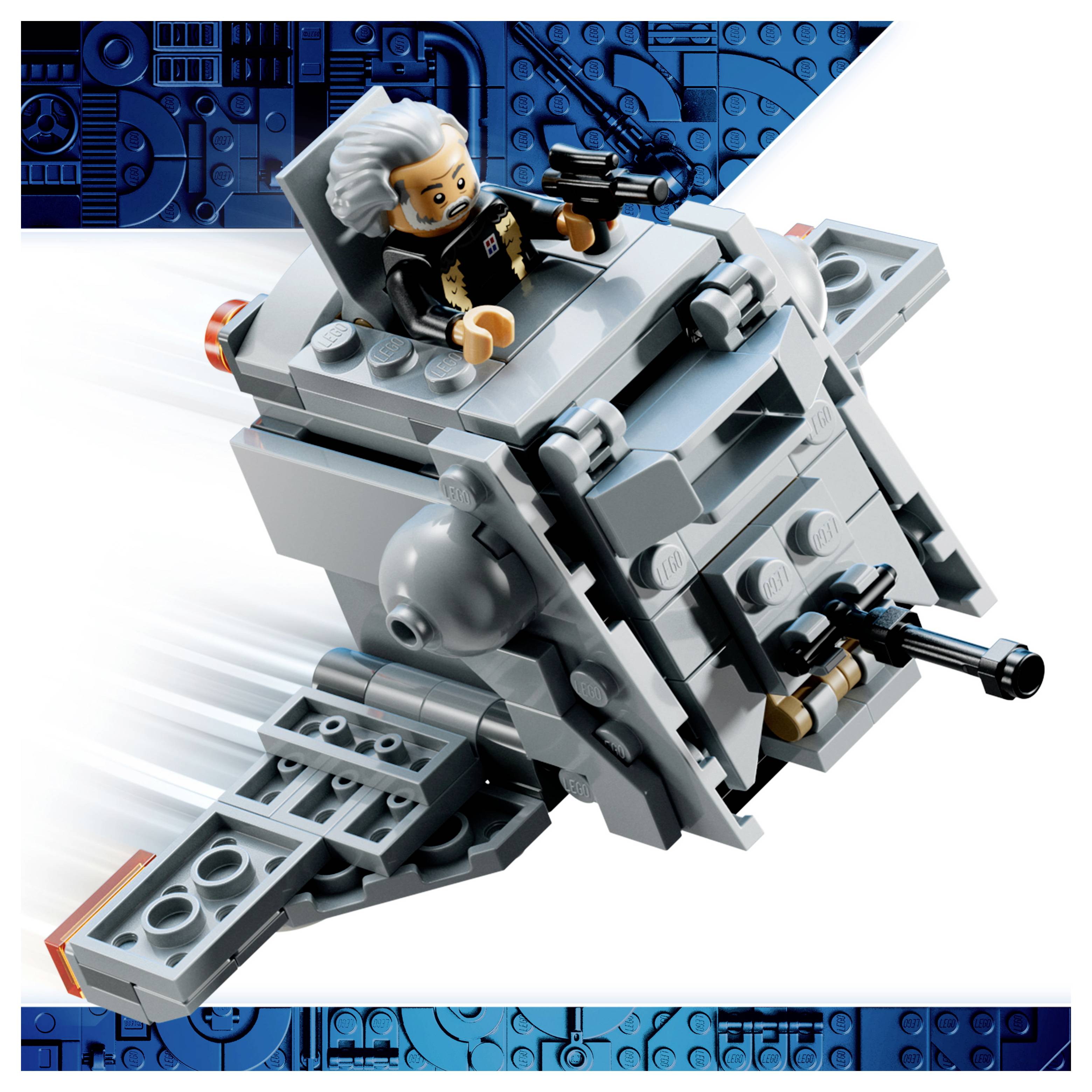LEGO-stylistický sci-fi vůz točící se vzduchem s pilotní figurkou a namontovanými zbraněmi na modrém technologickém pozadí se vzorem.