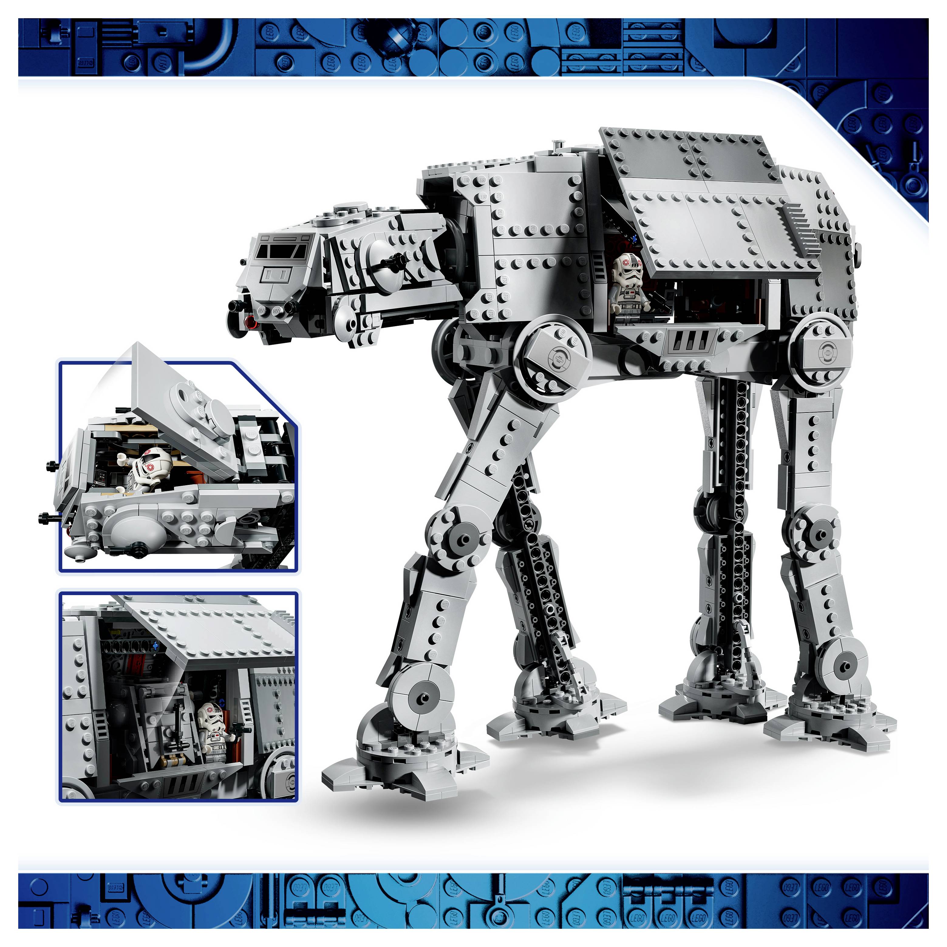 LEGO Star Wars AT-AT chodec s detailním kokpitem a otevírajícím bočním panelem, zobrazen se dvěma vloženými zblízkými záběry interiéru a průlezu