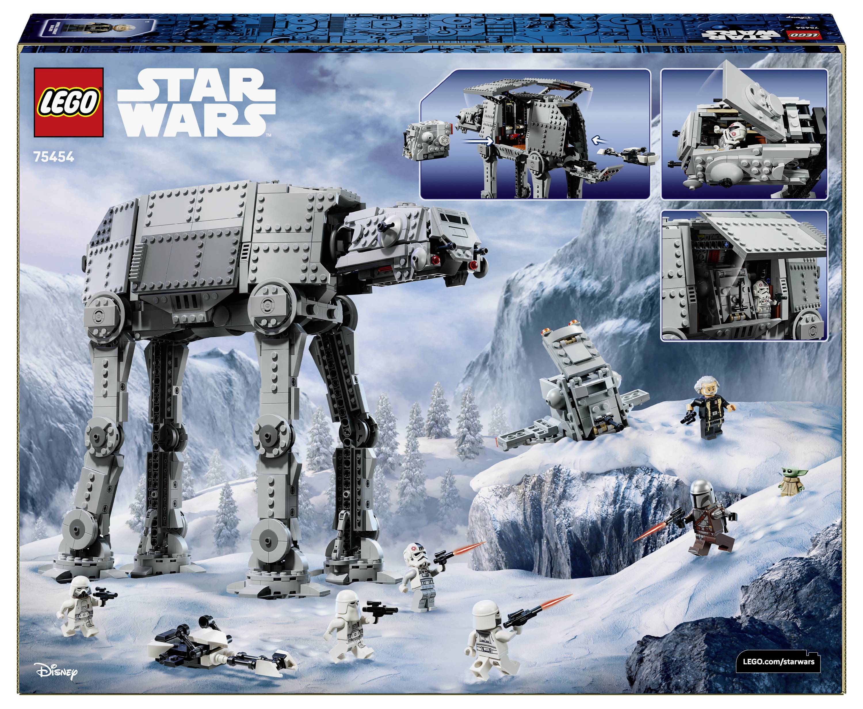 LEGO Star Wars sada art na krabici zobrazující AT-AT Walker v zasněžené bitvě s minifigurkami a vzbouřenským vozidly, sada 75455.
